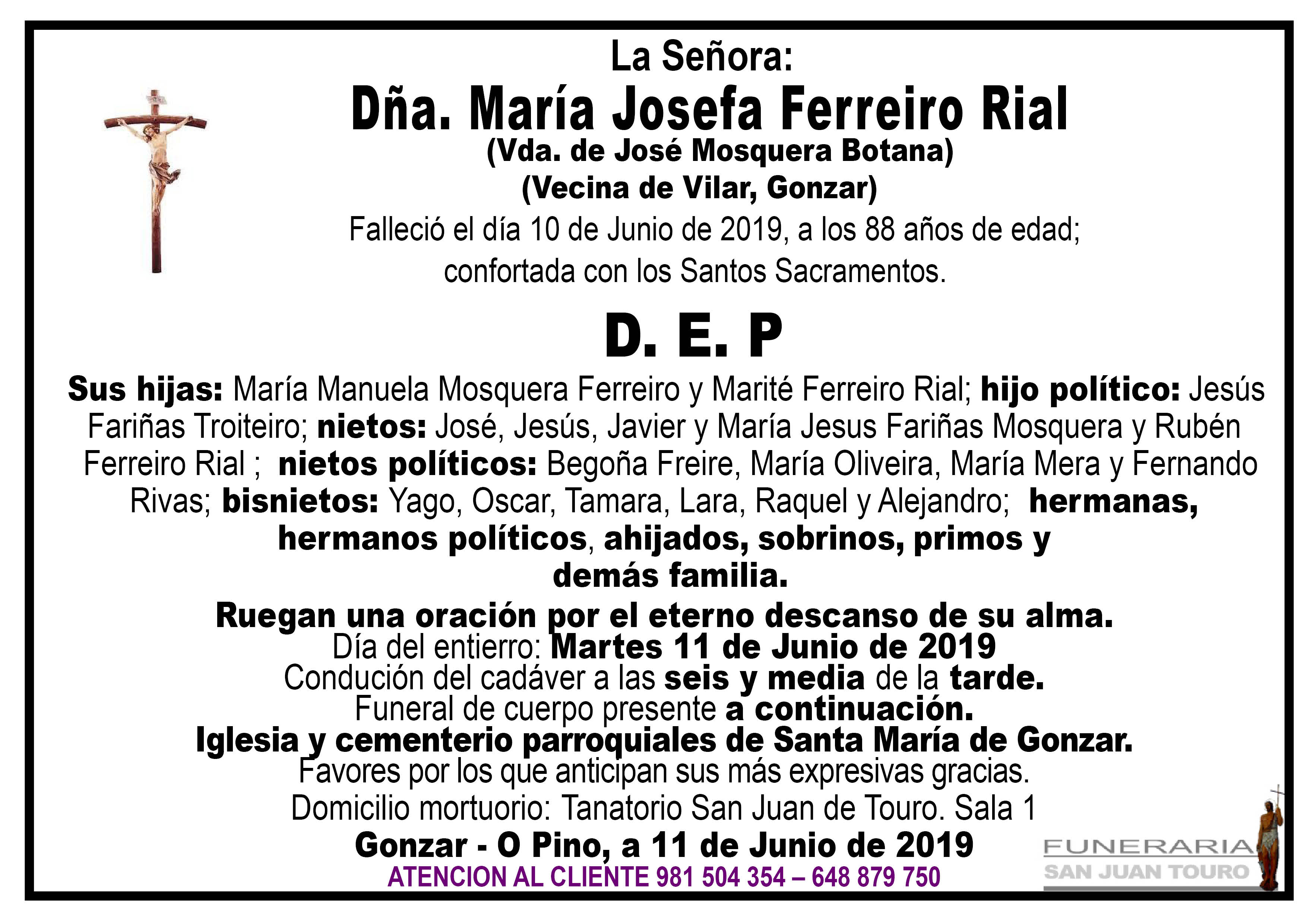 Esquela de SEPELIO DOÑA. MARÍA JOSEFA FERREIRO RIAL