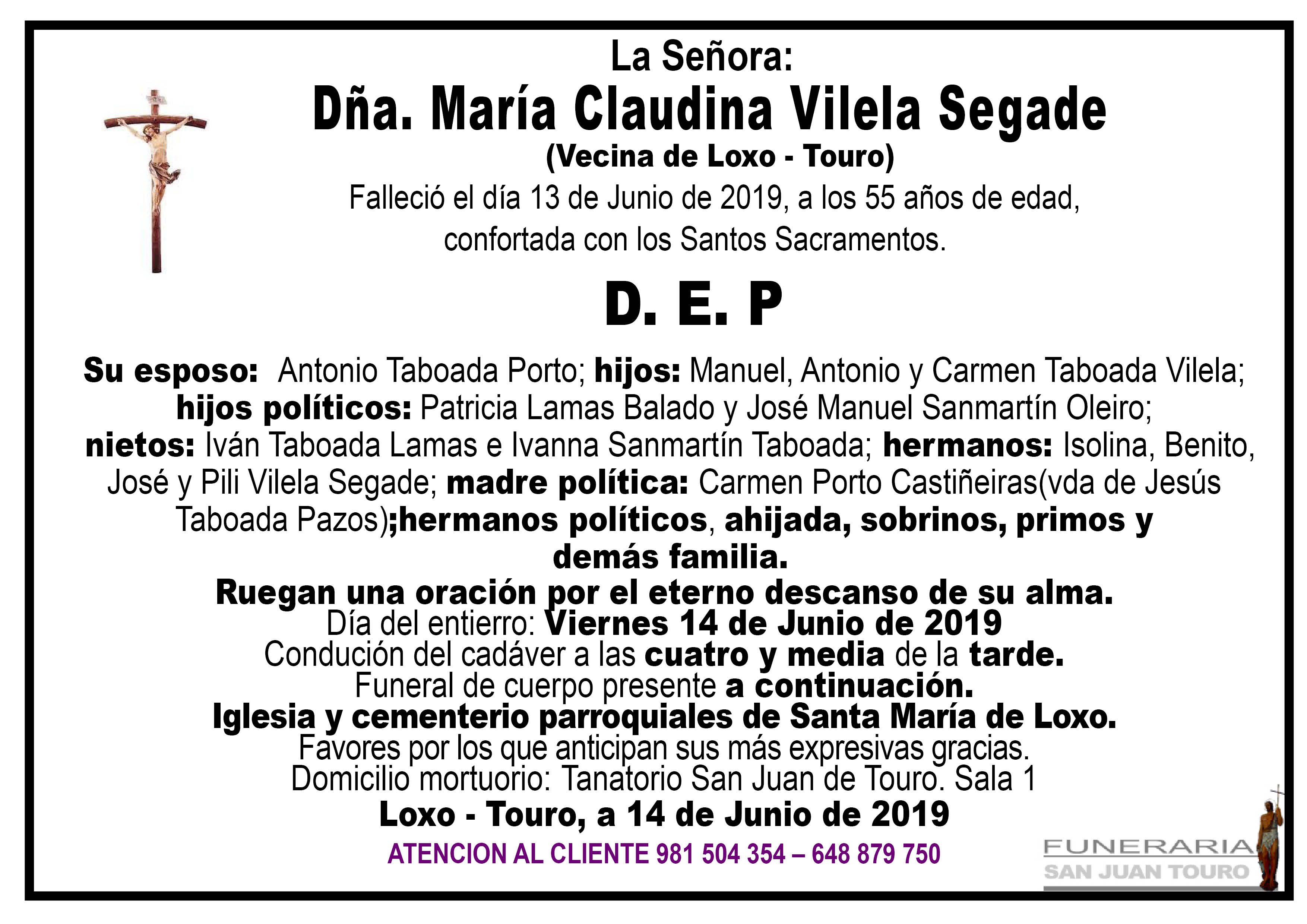 Esquela de SEPELIO DE DOÑA MARÍA CLAUDINA VILELA SEGADE