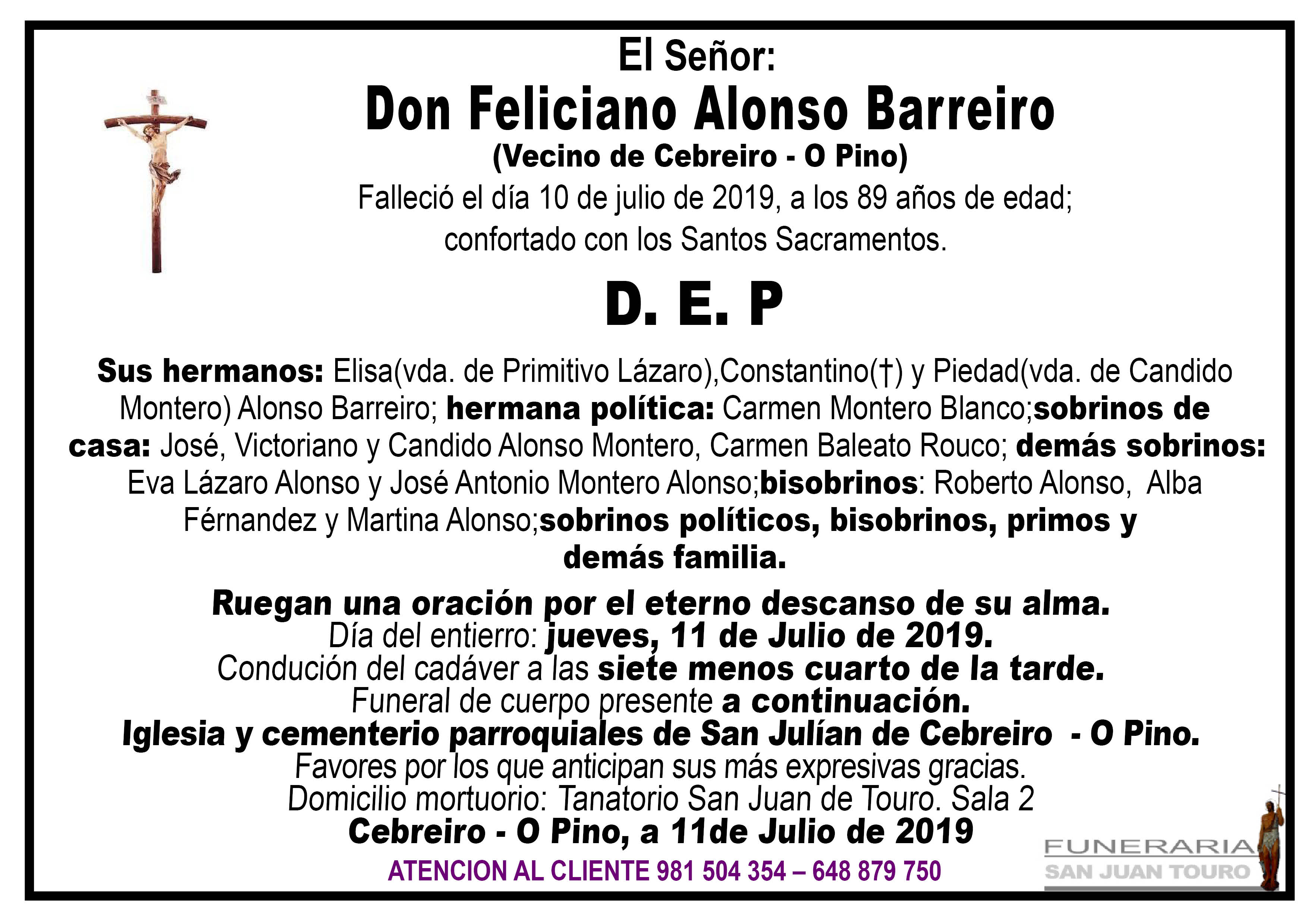 Esquela de SEPELIOP DE DON FELICIANO ALONSO BARREIRO