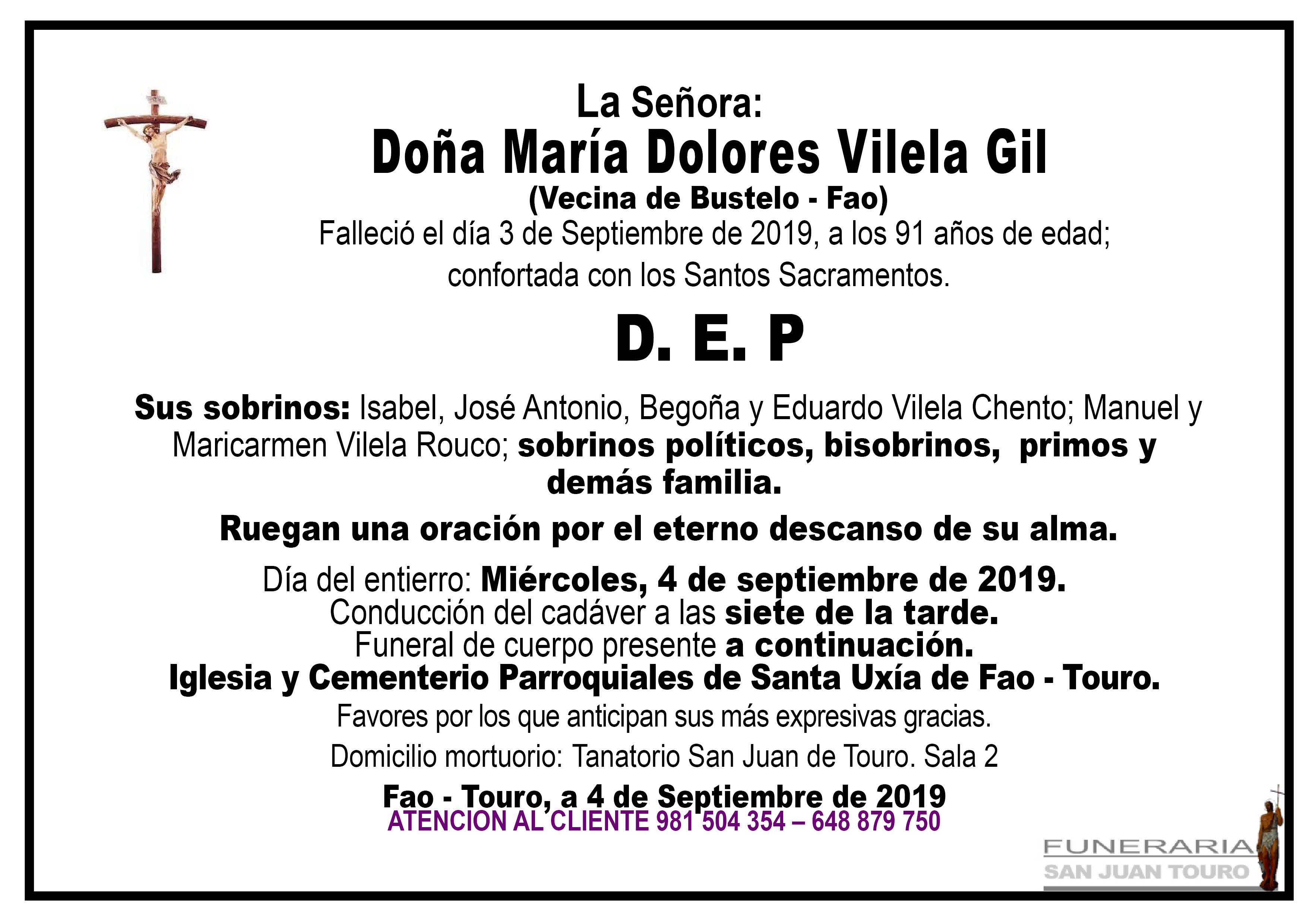 Esquela de SEPELIO DE DOÑA MARÍA DOLORES VILELA GIL