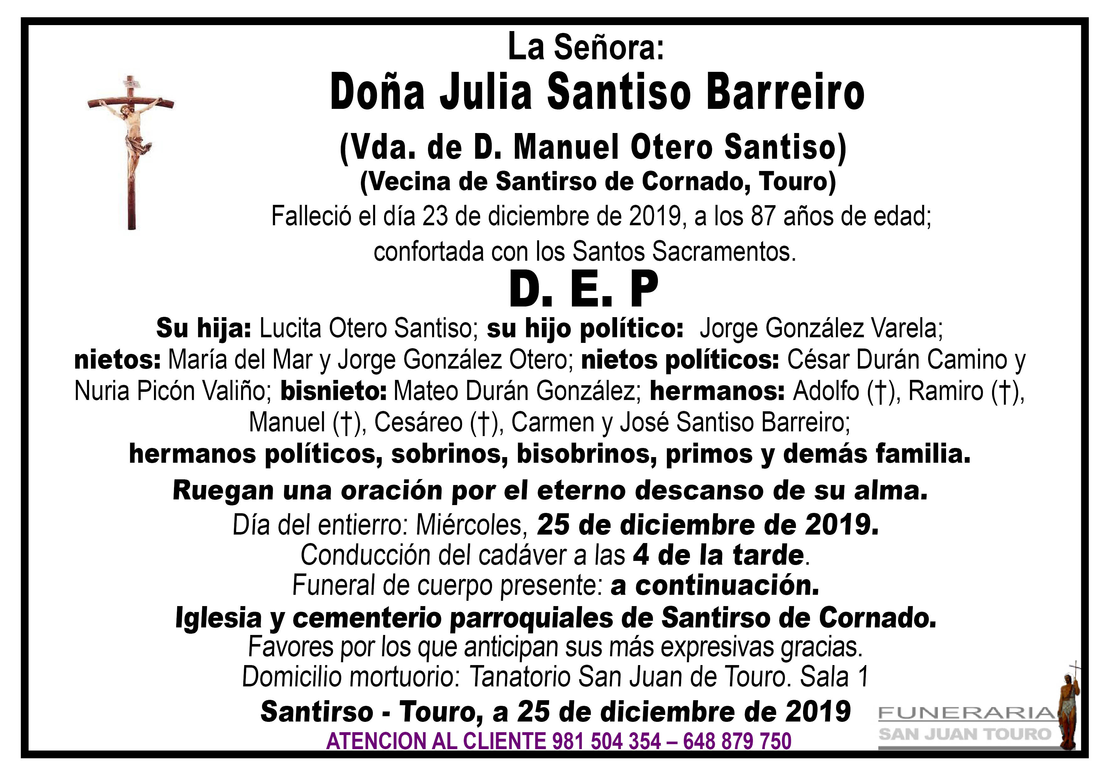 Esquela de SEPELIO DE DOÑA JULIA SANTISO BARREIRO