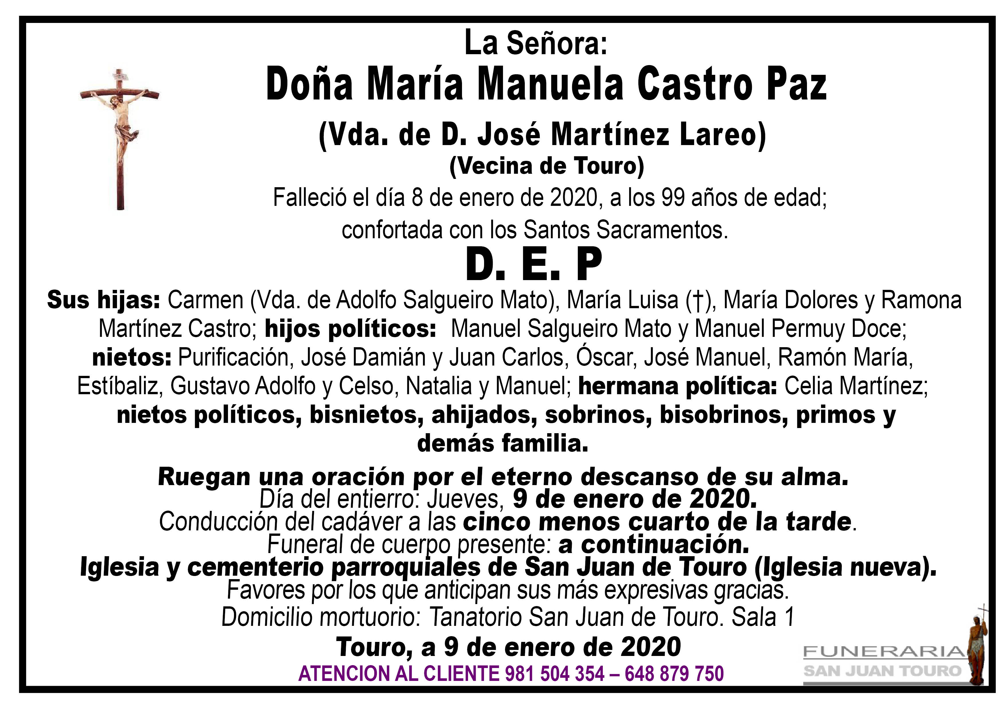 Esquela de SEPELIO DE DOÑA MARÍA MANUELA CASTRO PAZ