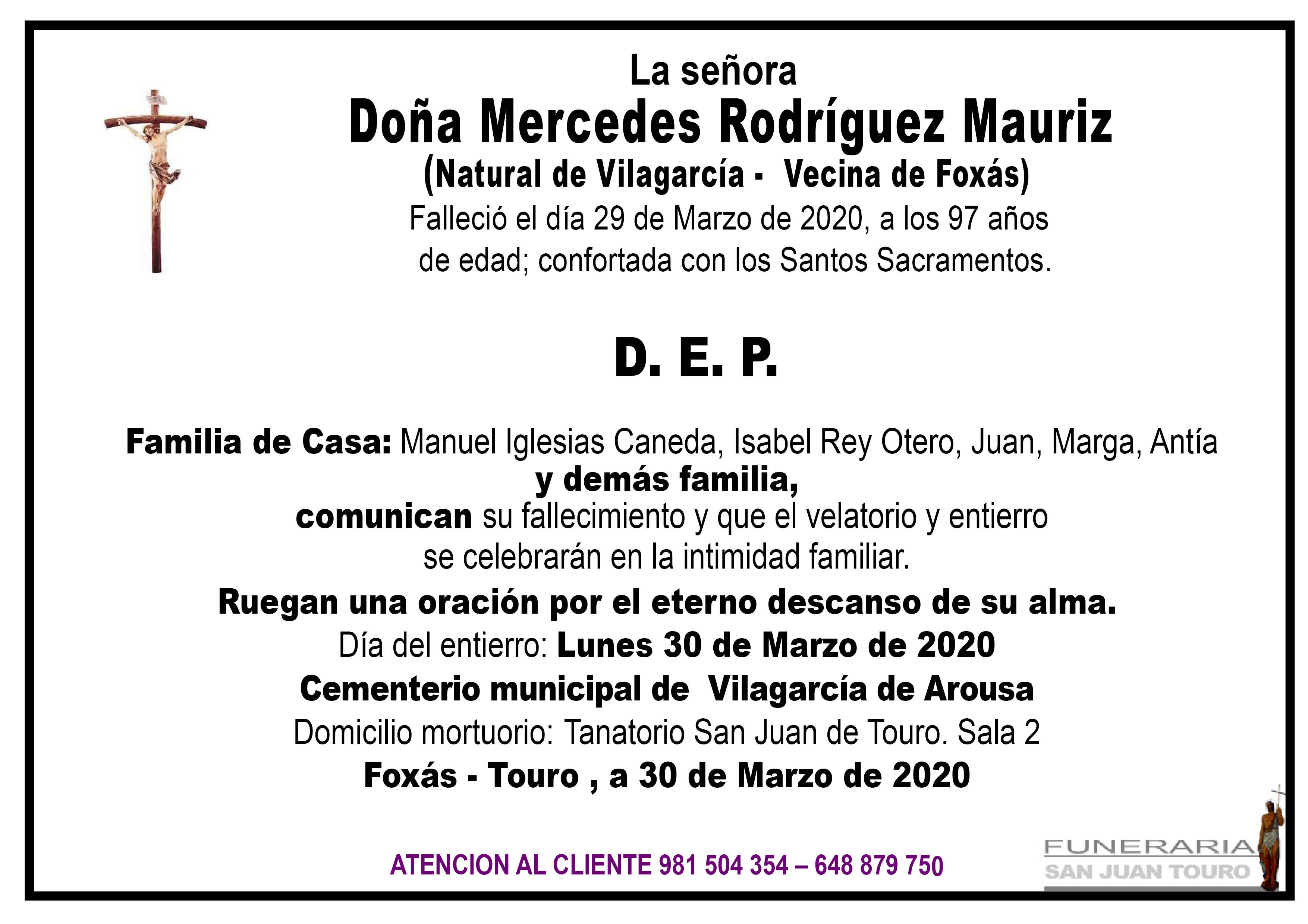 Esquela de SEPELIO DE DOÑA MERCEDES RODRIGUEZ MAURIZ