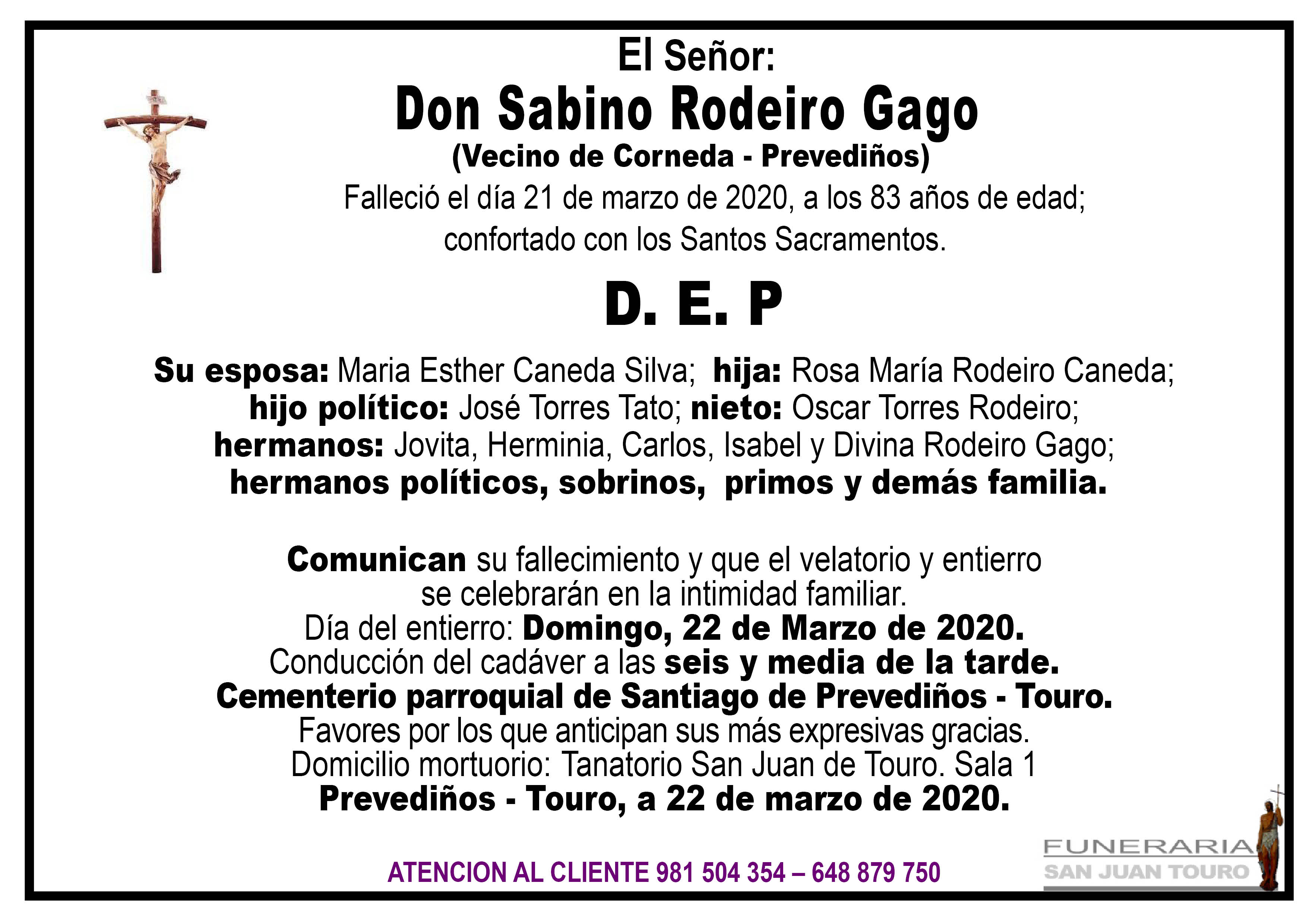 Esquela de SEPELIO DE DON SABINO RODEIRO GAGO