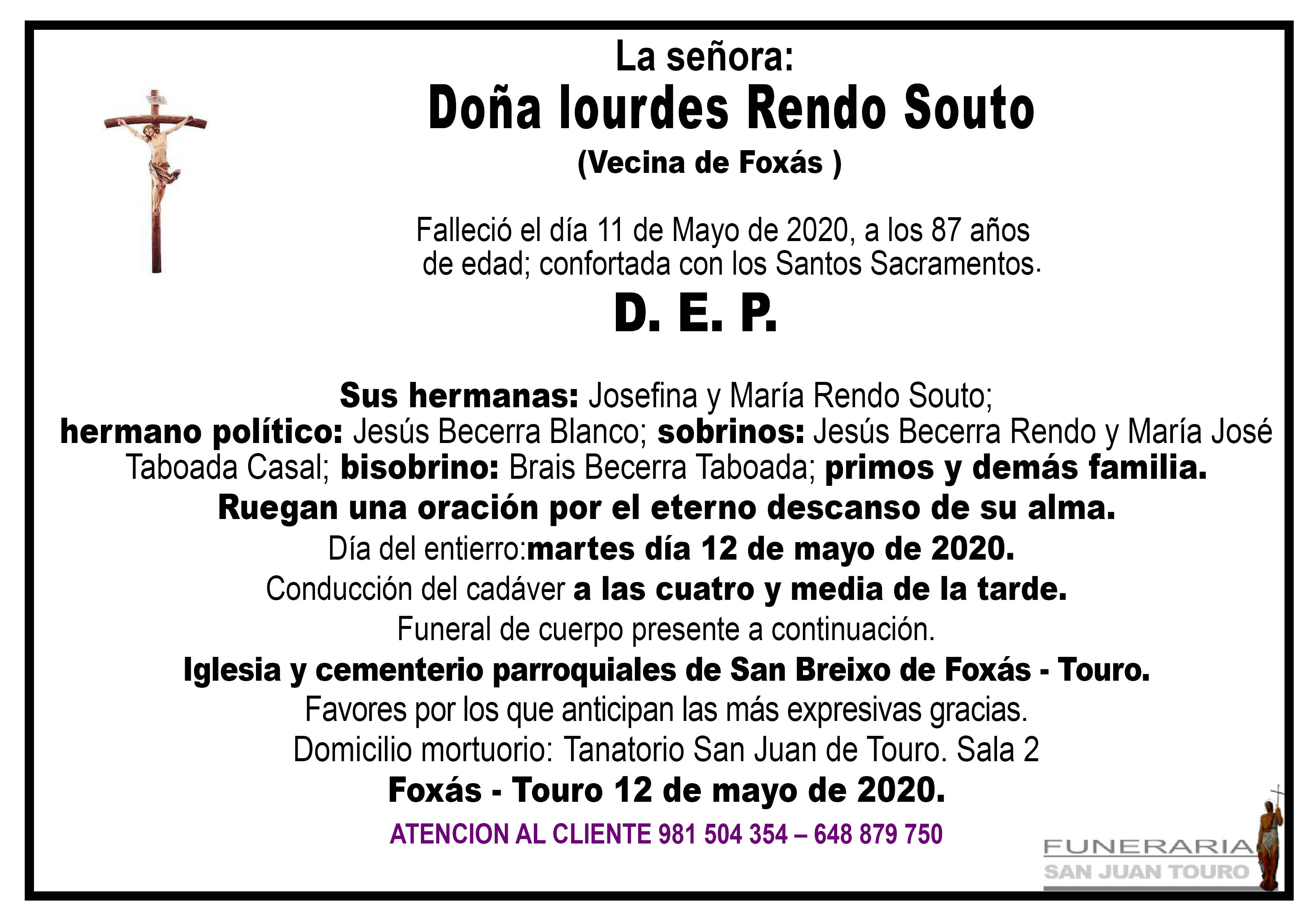 Esquela de SEPELIO DE DOÑA LOURDES RENDO SOUTO