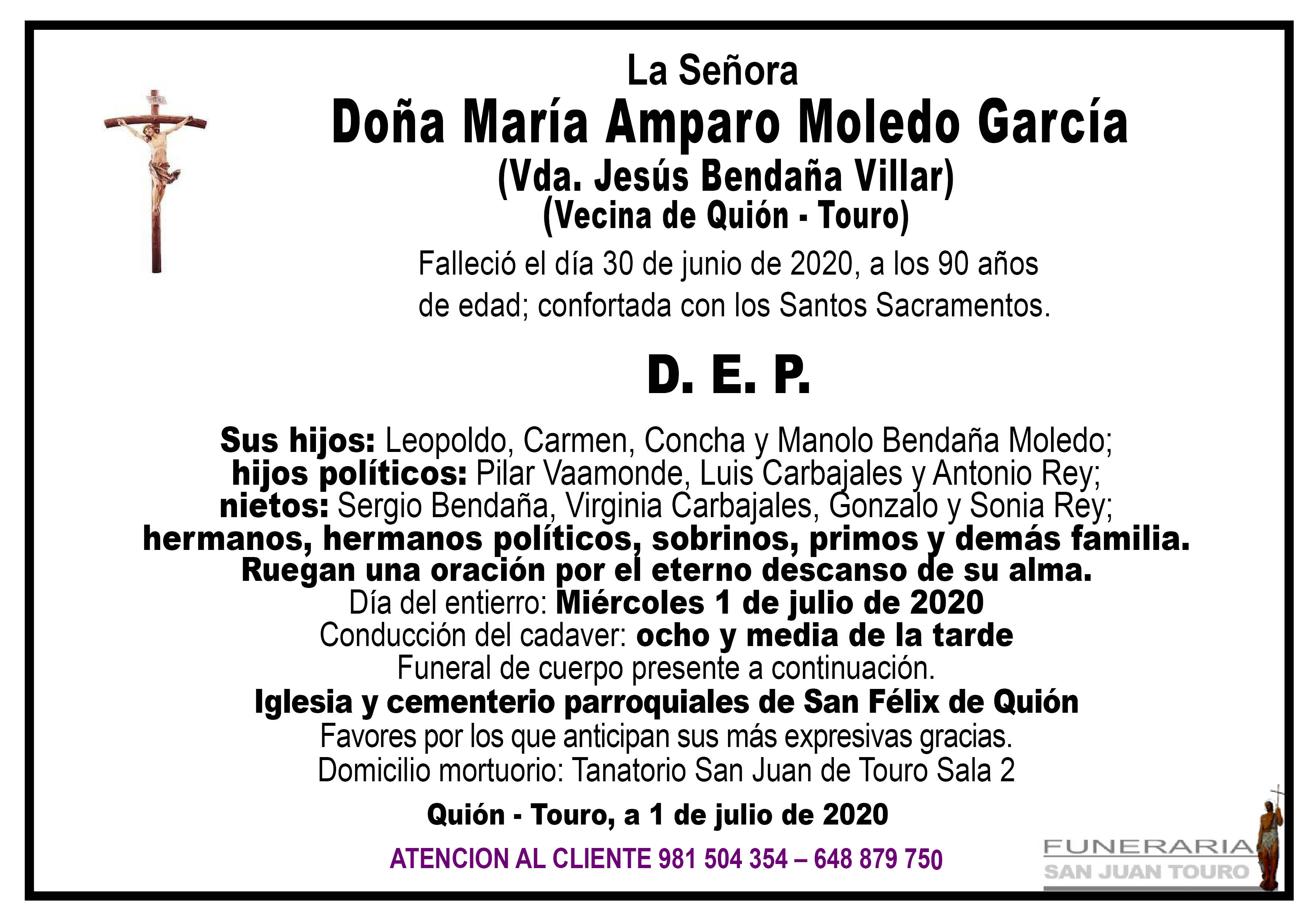 Esquela de SEPELIO DE DÑA. MARÍA AMPARO MOLEDO GARCÍA