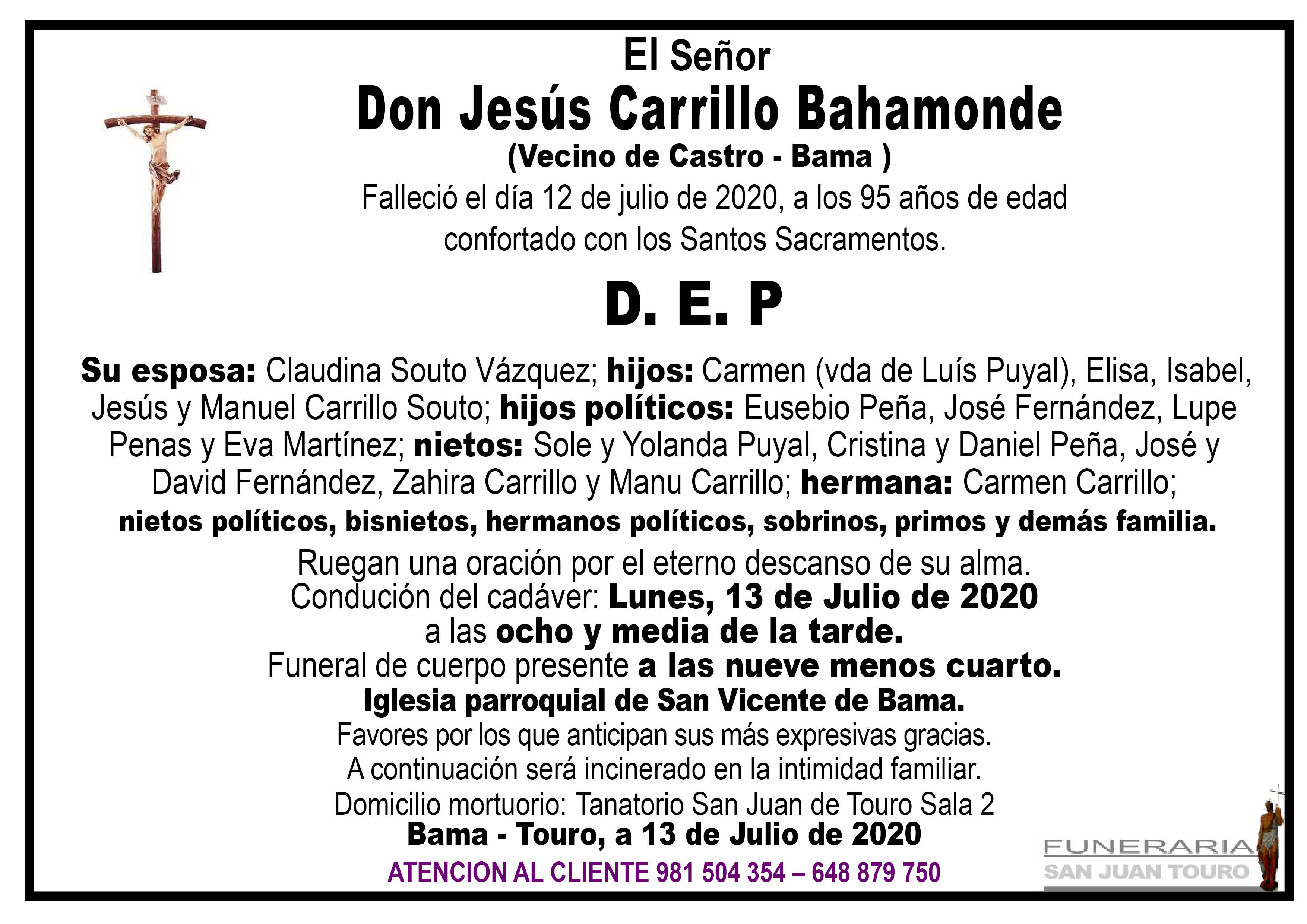 Esquela de SEPELIO DE DON JESÚS CARRILLO BAHAMONDE