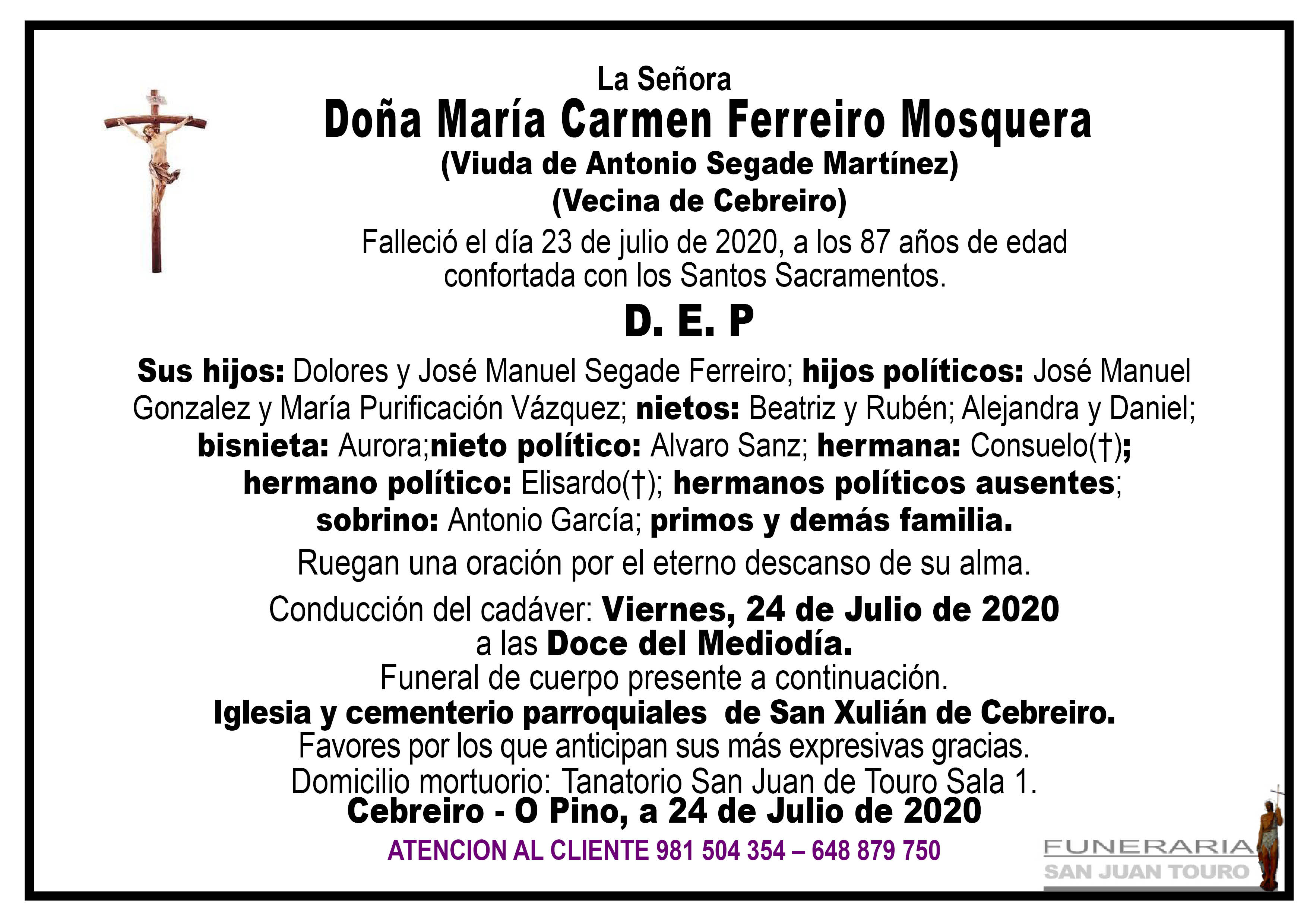 Esquela de DOÑA MARÍA CARMEN FERREIRO MOSQUERA