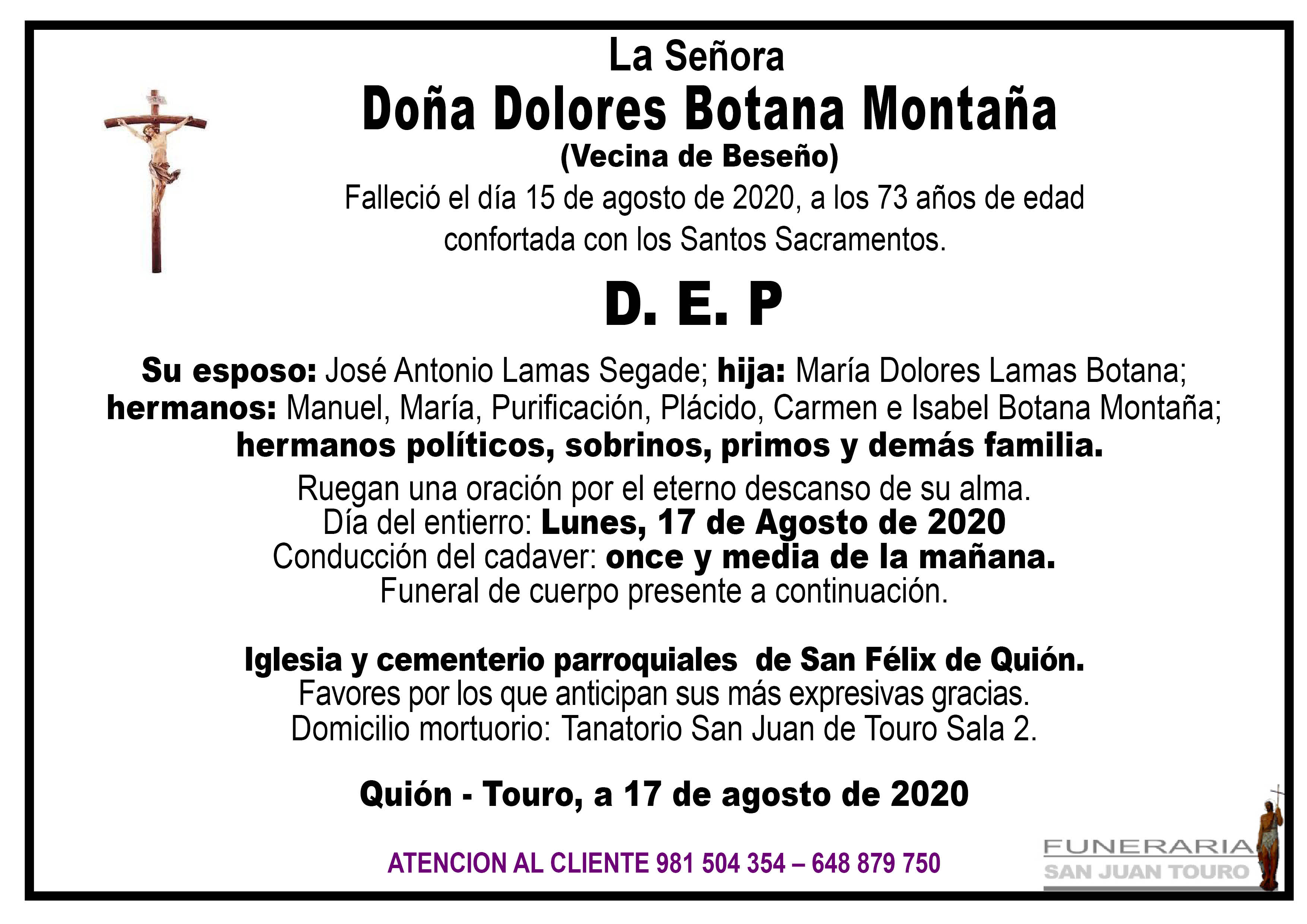 Esquela de SEPELIO DE DOÑA DOLORES BOTANA MONTAÑA