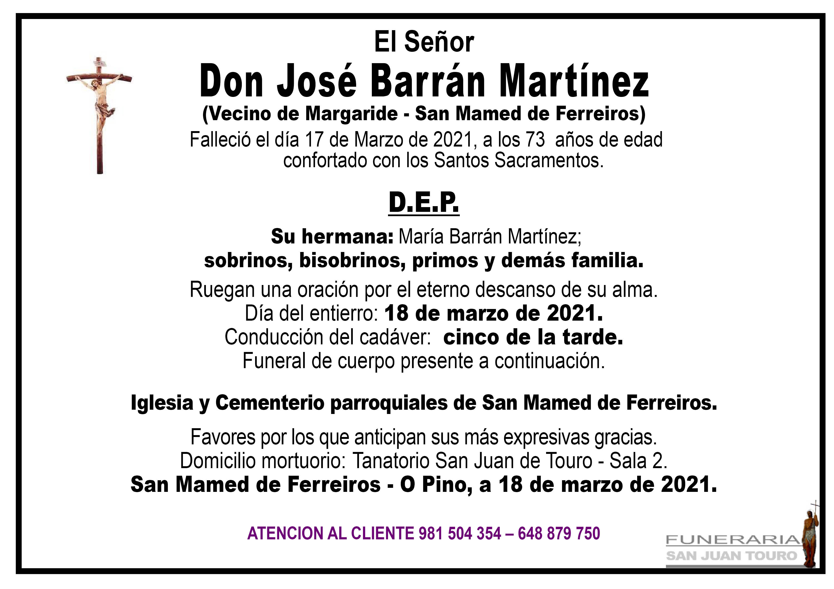 Esquela de SEPELIO DE DON JOSÉ BARRÁN MARTÍNEZ