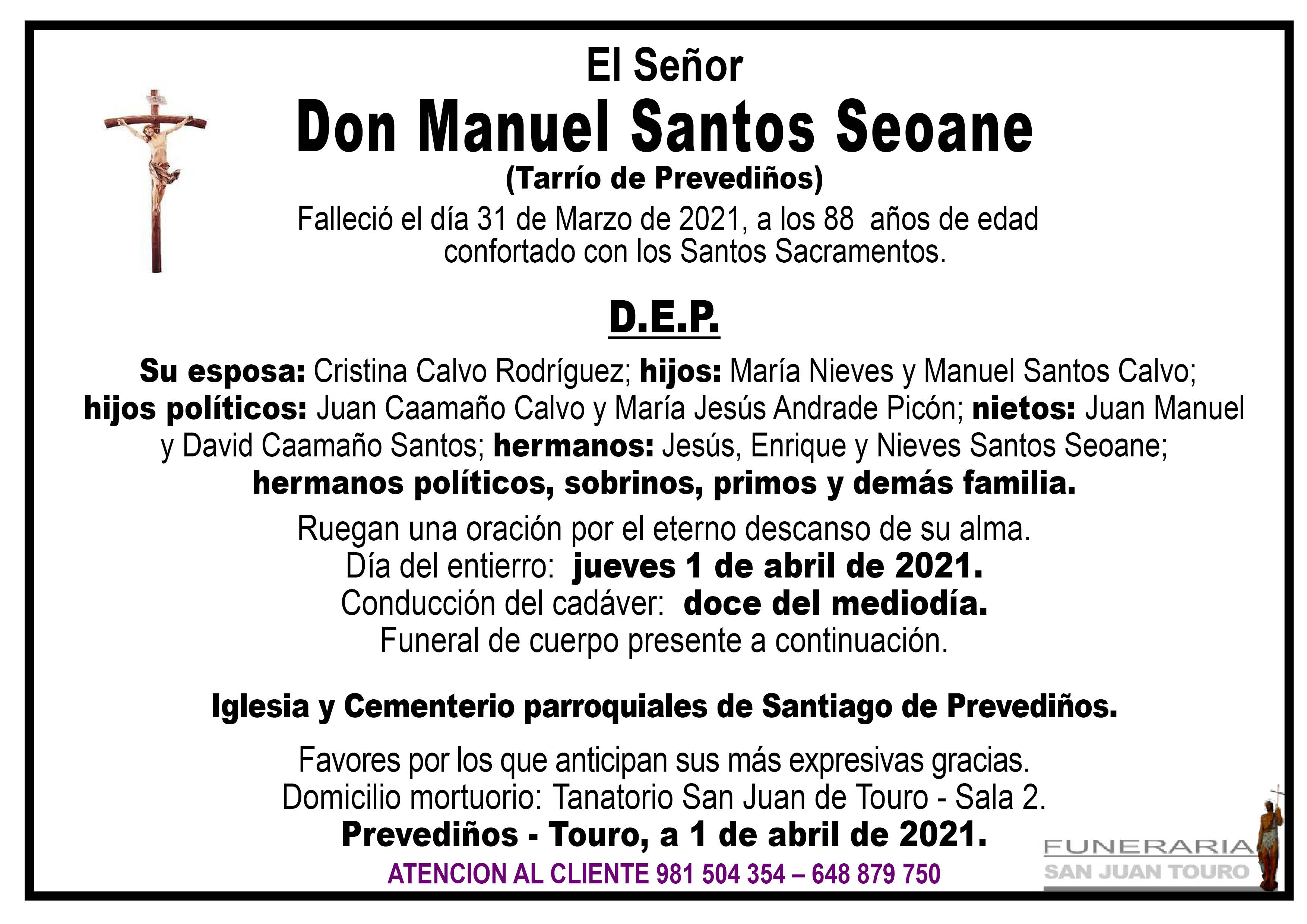 Esquela de SEPELIO DE DON MANUEL SANTOS SEOANE