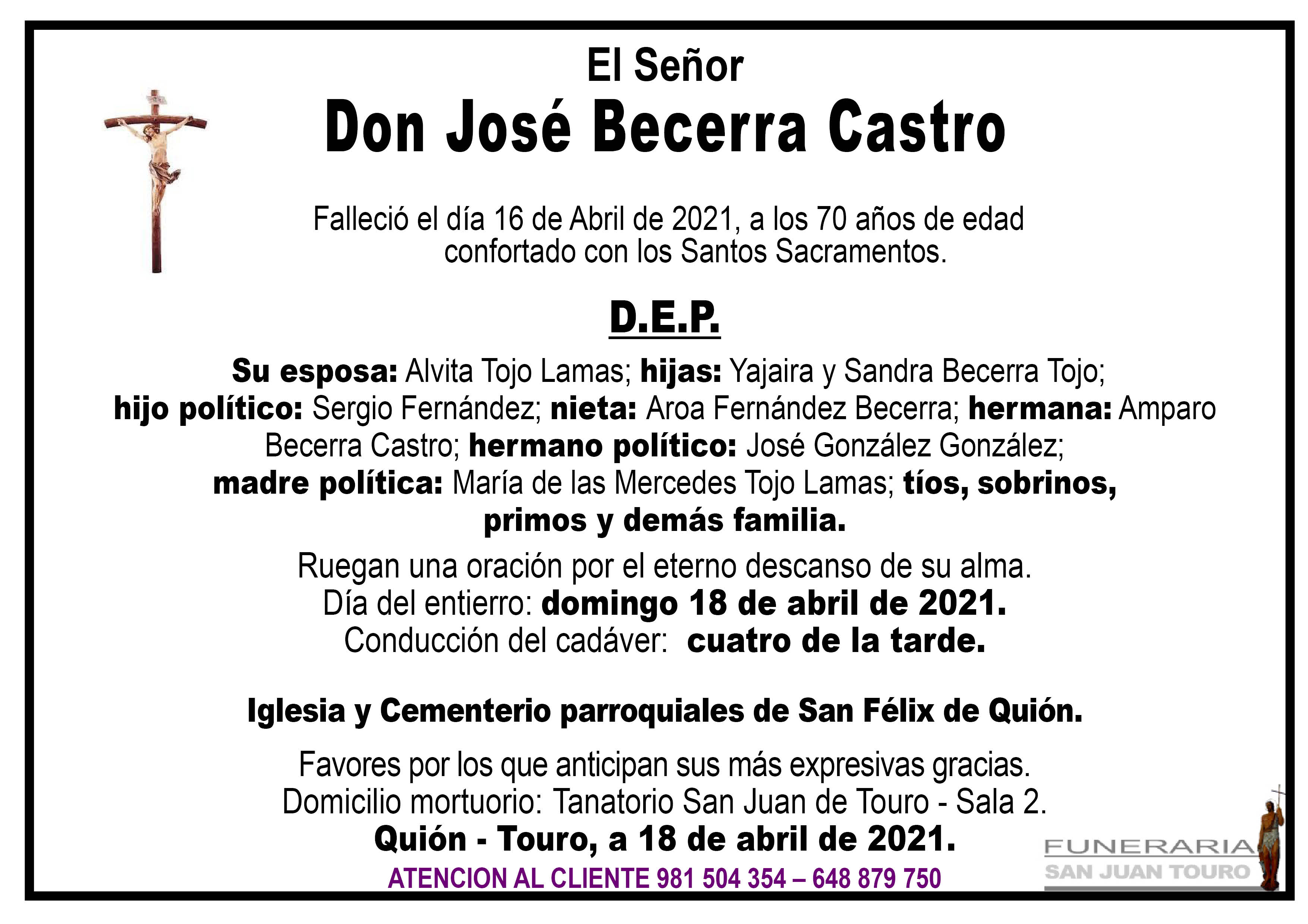 Esquela de SEPELIO DE DON JOSÉ BECERRA CASTRO