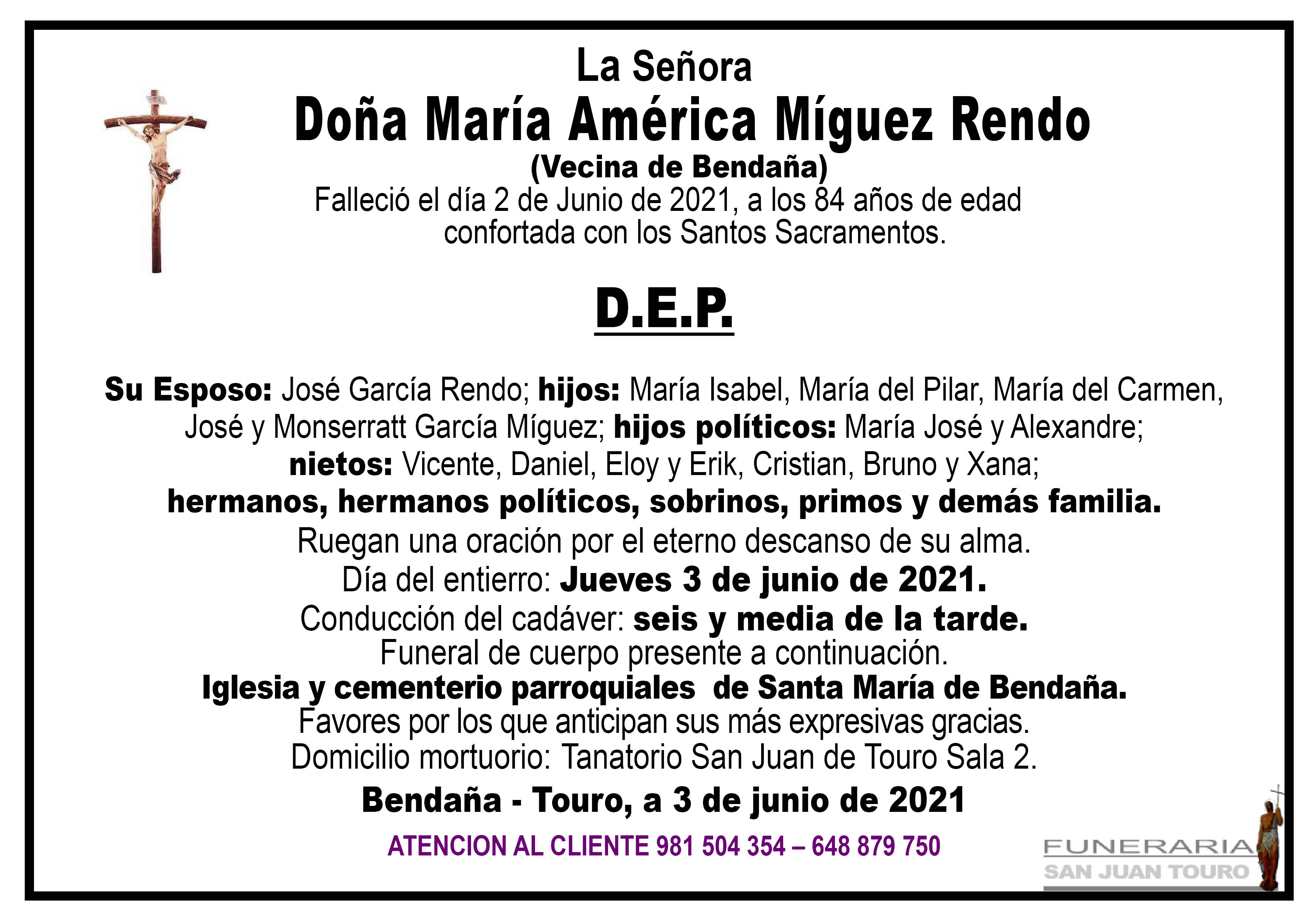 Esquela de SEPELIO DE DOÑA MARÍA AMÉRICA MÍGUEZ RENDO