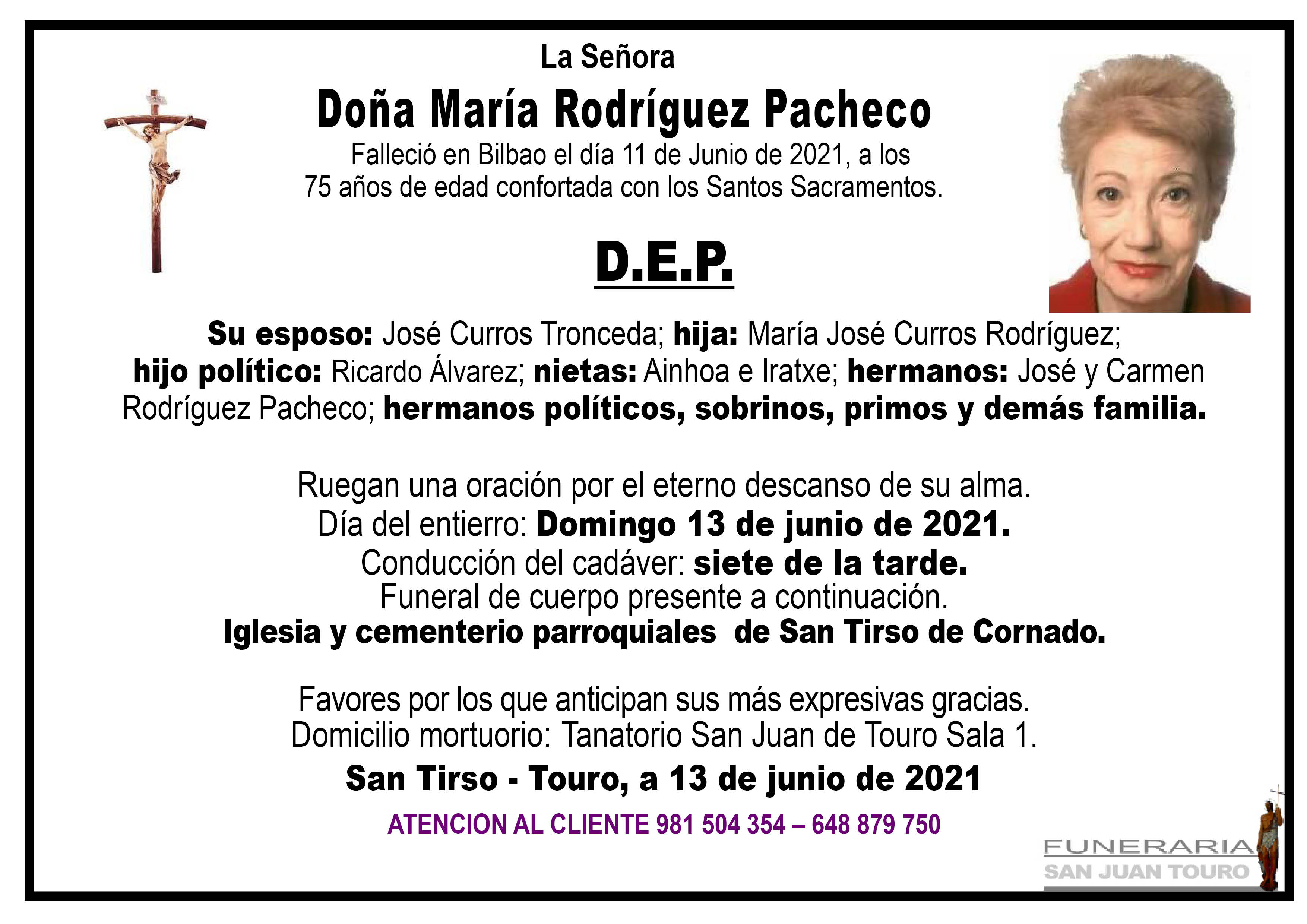 Esquela de SEPELIO DE DOÑA MARÍA RODRÍGUEZ PACHECO