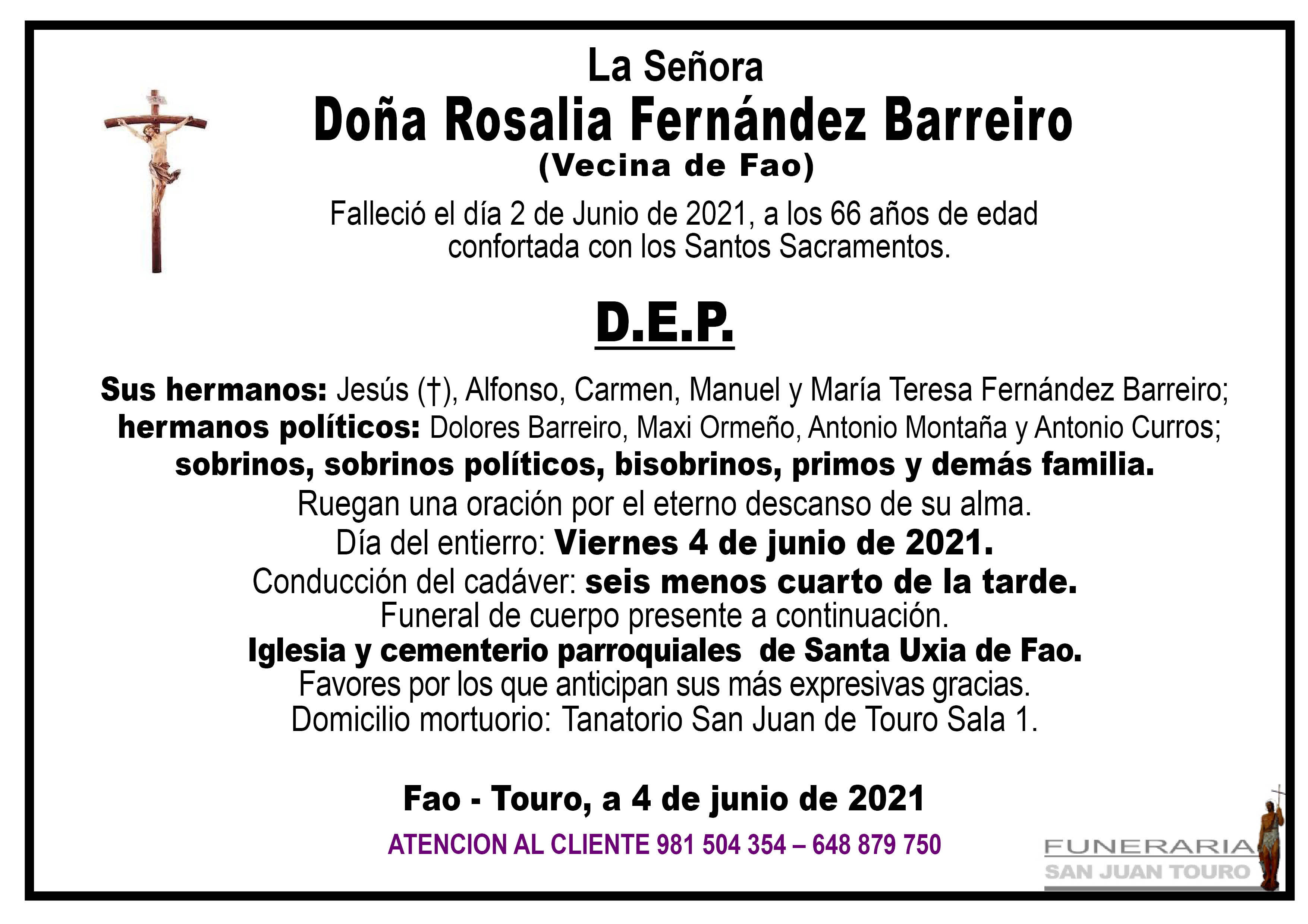 Esquela de SEPELIO DE DOÑA ROSALIA FERNÁNDEZ BARREIRO