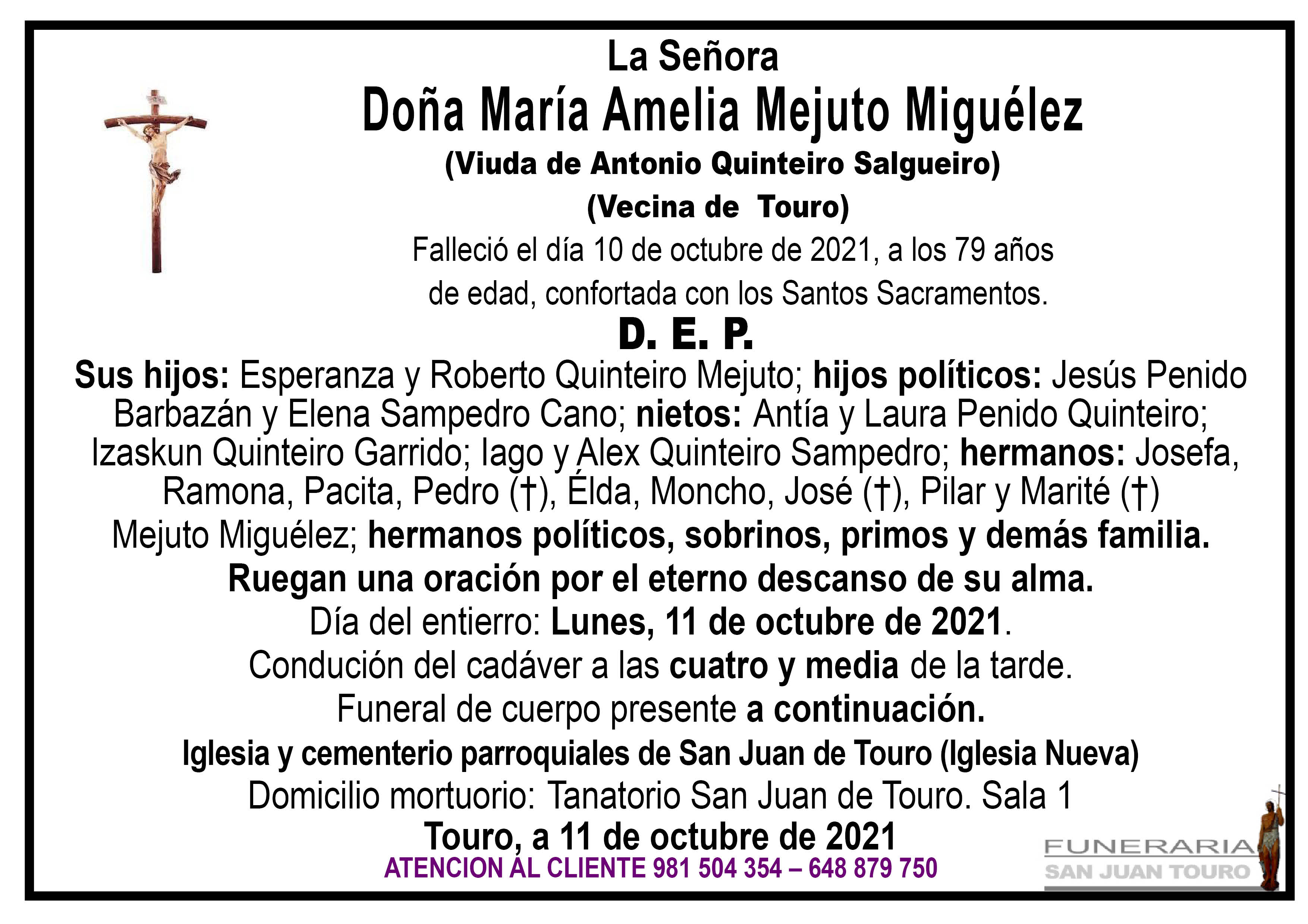 Esquela de SEPELIO DE DOÑA MARÍA AMELIA MEJUTO MIGUÉLEZ