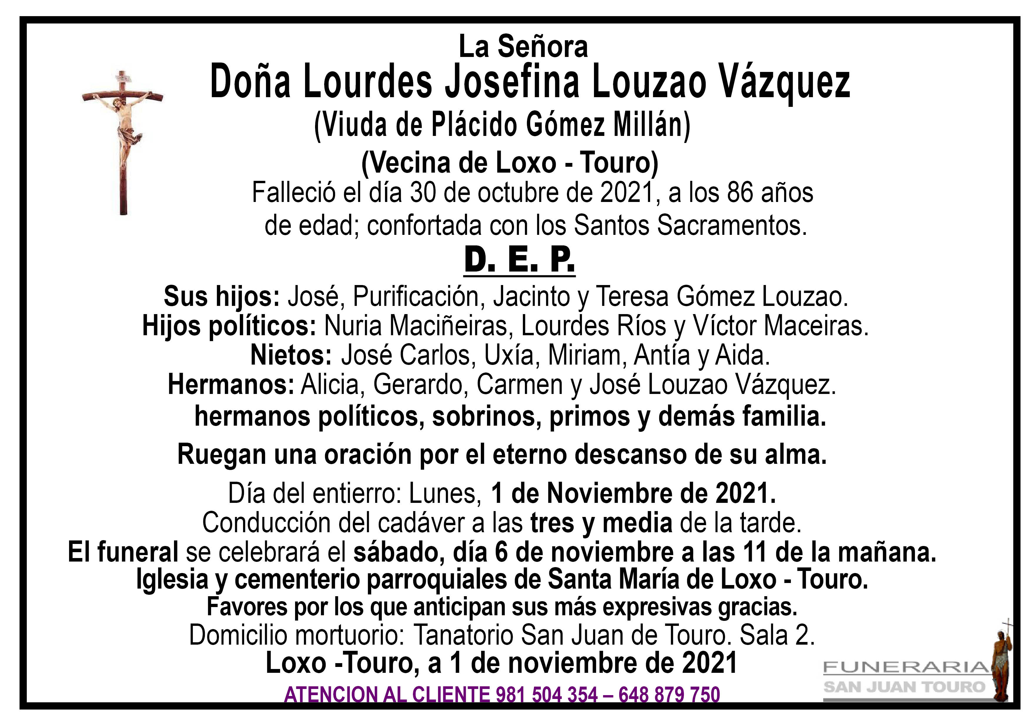 Esquela de SEPELIO DE DOÑA LOURDES JOSEFINA LOUZAO VÁZQUEZ