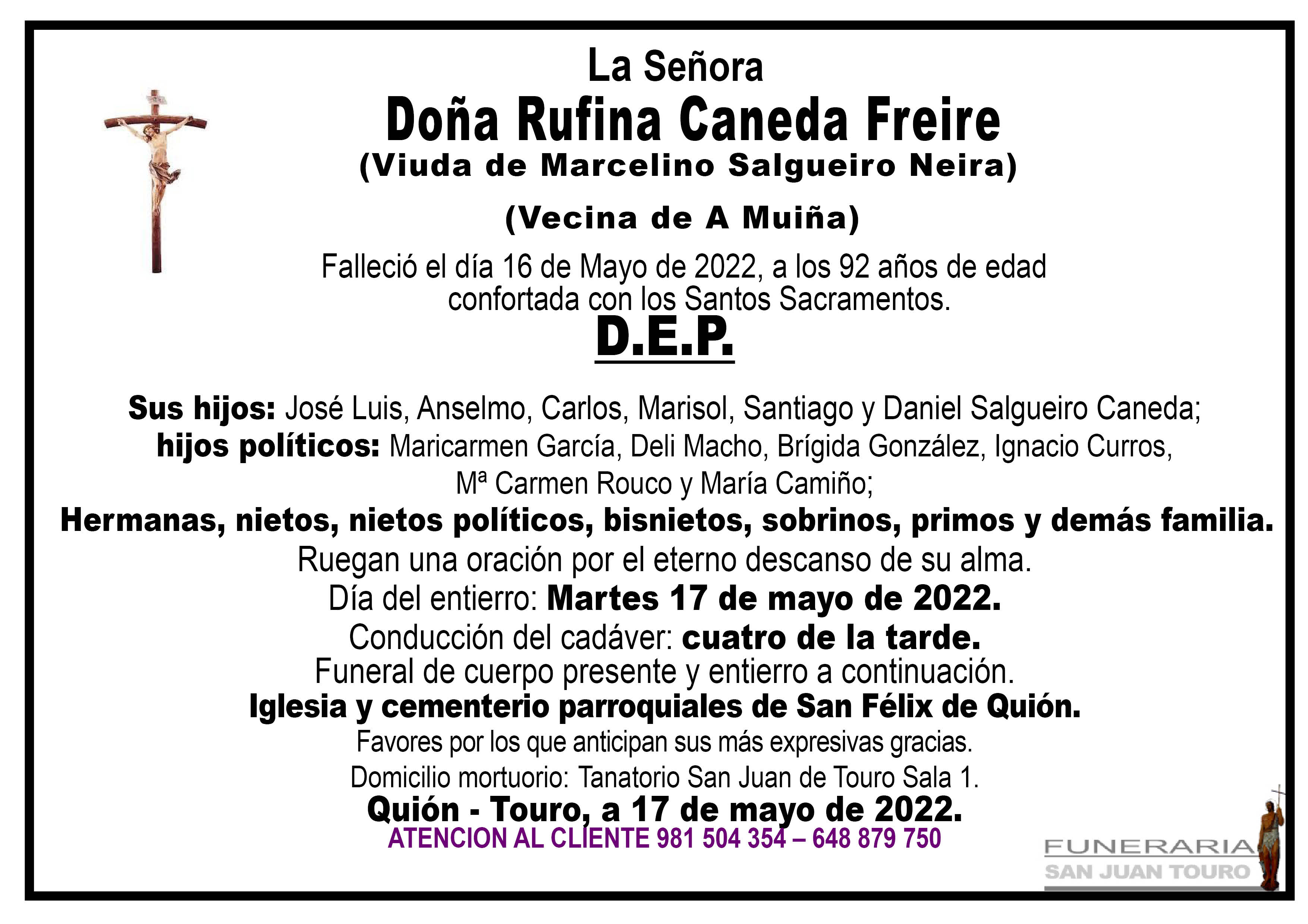 Esquela de SEPELIO DE DOÑA RUFINA CANEDA FREIRE
