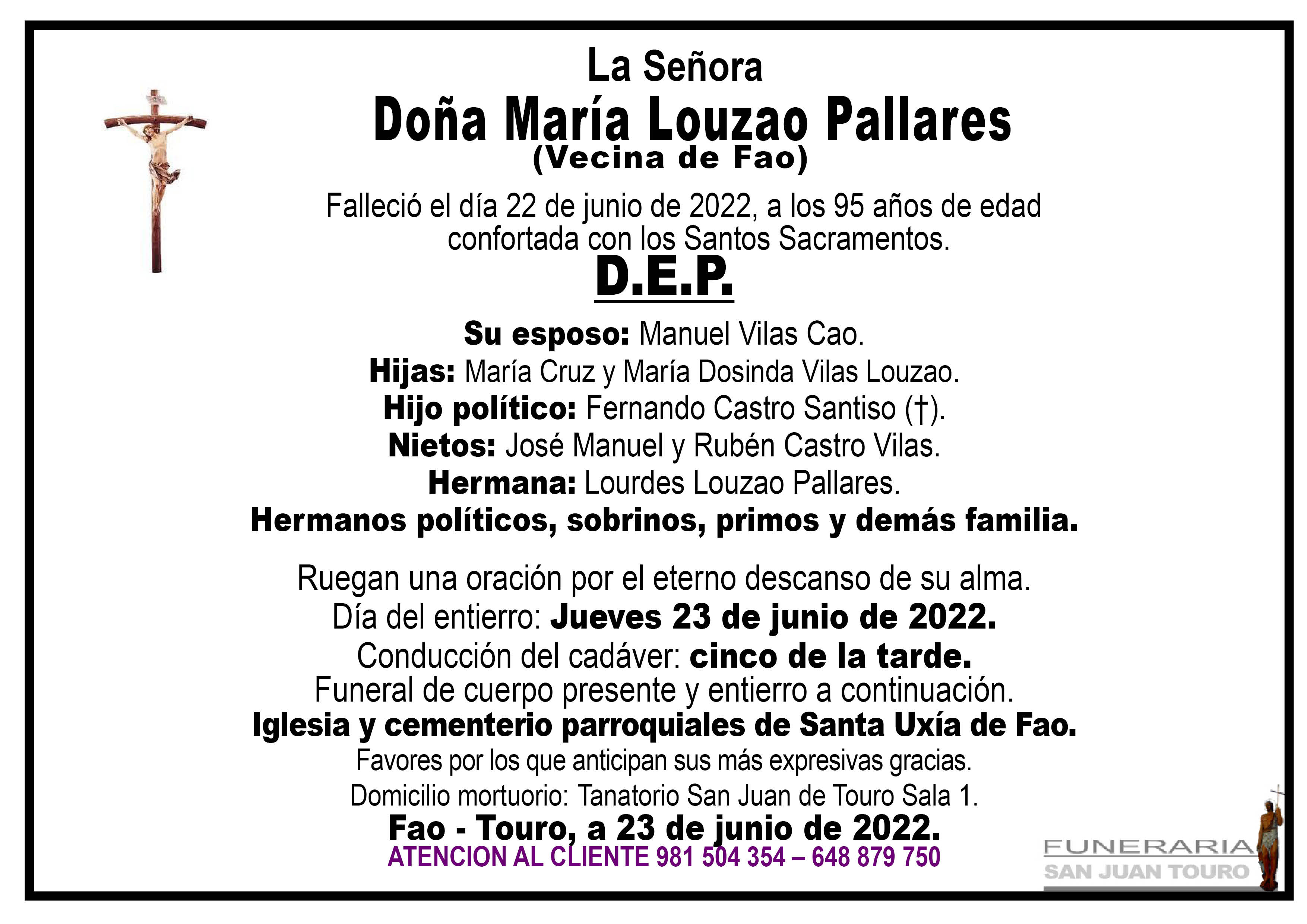 Esquela de SEPELIO DE DOÑA MARÍA LOUZAO PALLARES