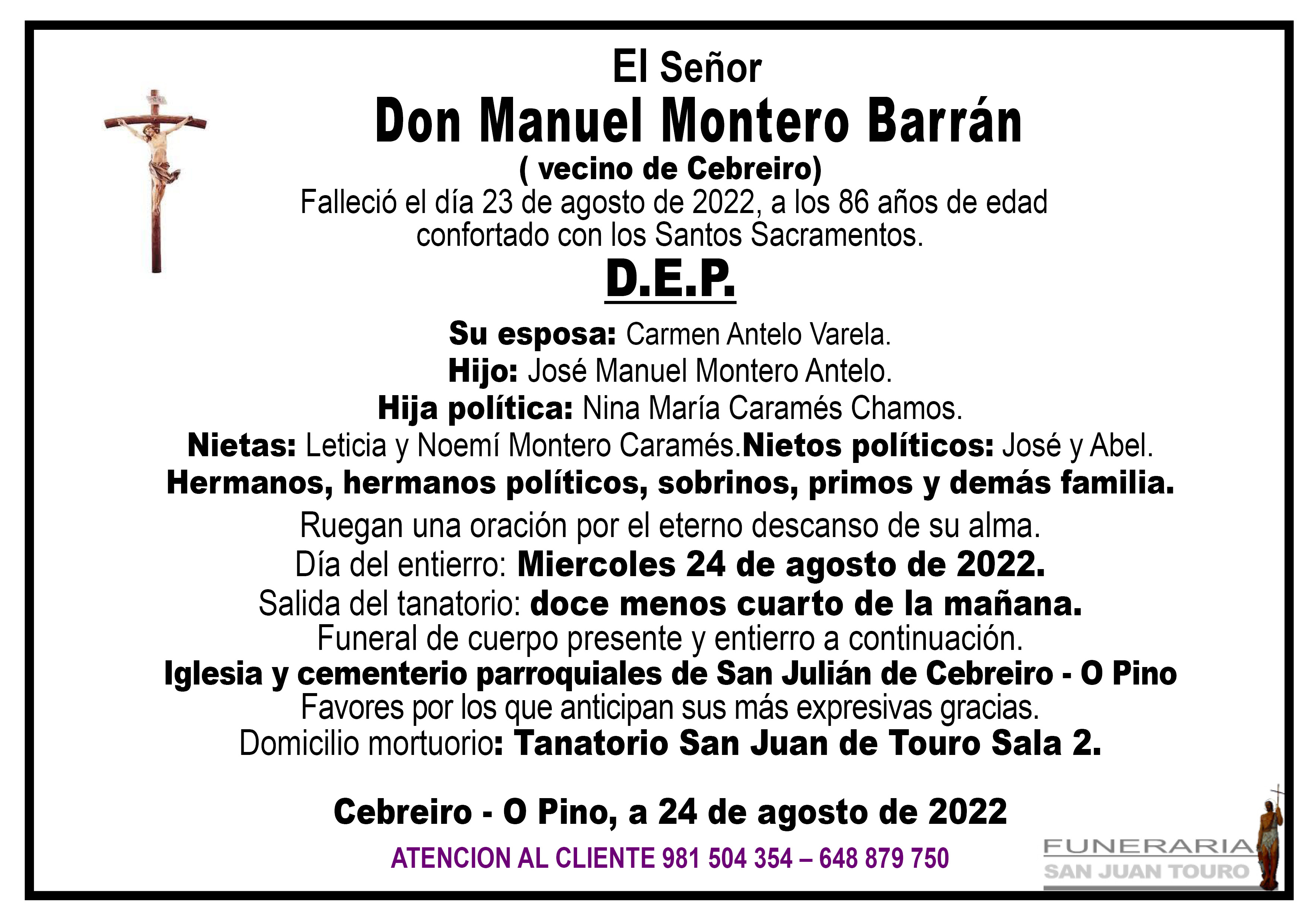 Esquela de SEPELIO DE DON MANUEL MONTERO BARRÁN