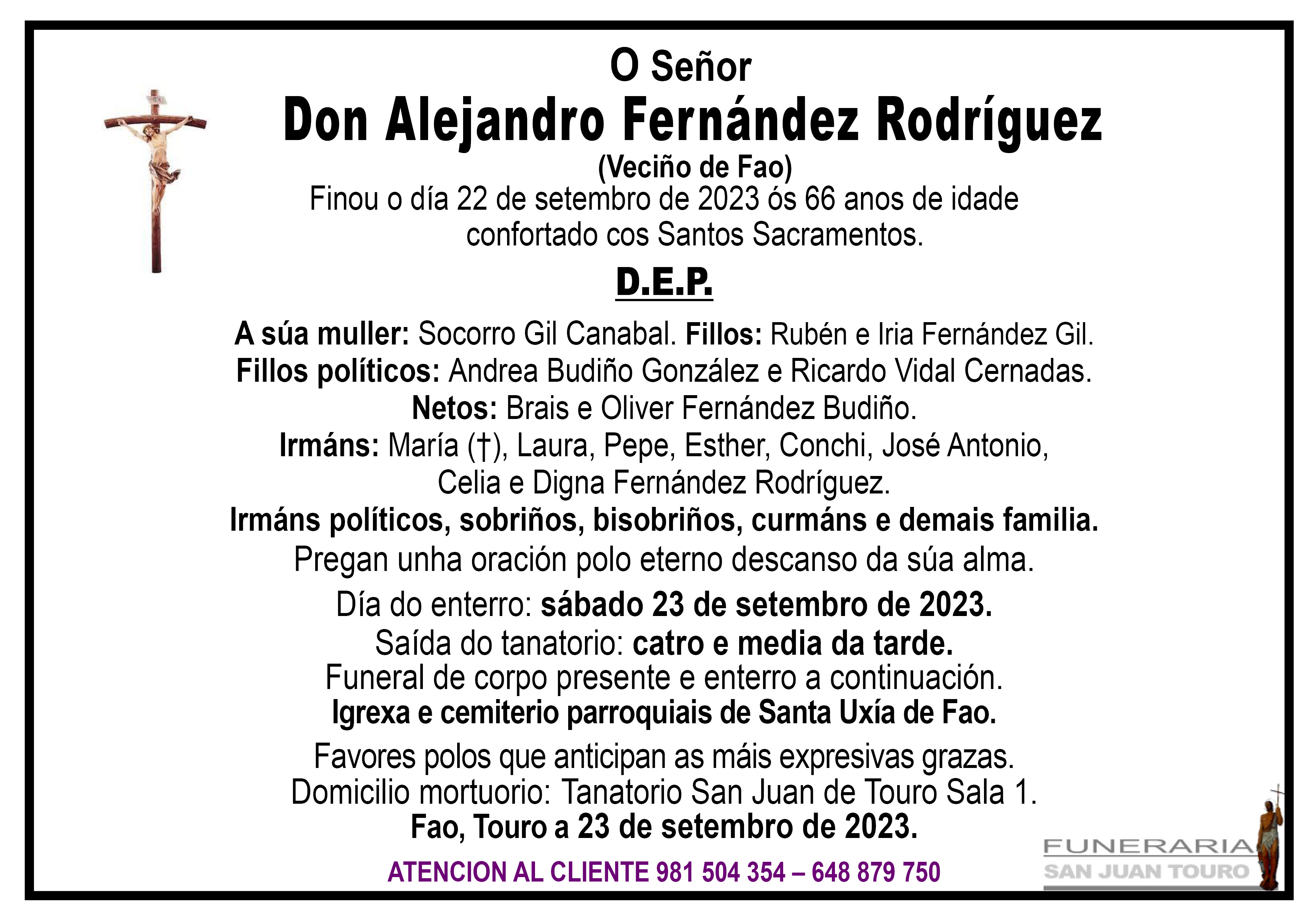 Esquela de SEPELIO DE DON ALEJANDRO FERNÁNDEZ RODRÍGUEZ
