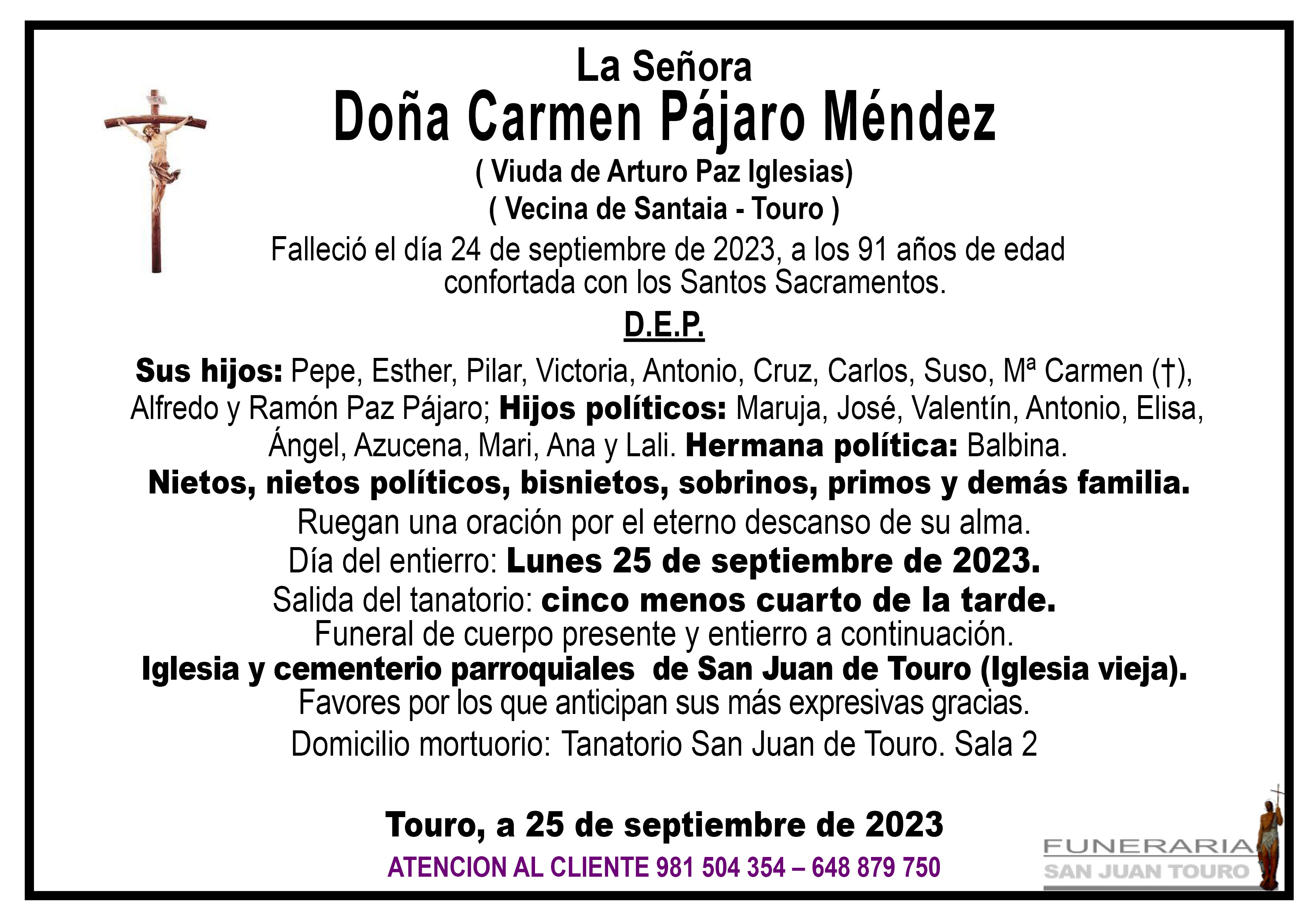 Esquela de SEPELIO DE DOÑA CARMEN PÁJARO MÉNDEZ