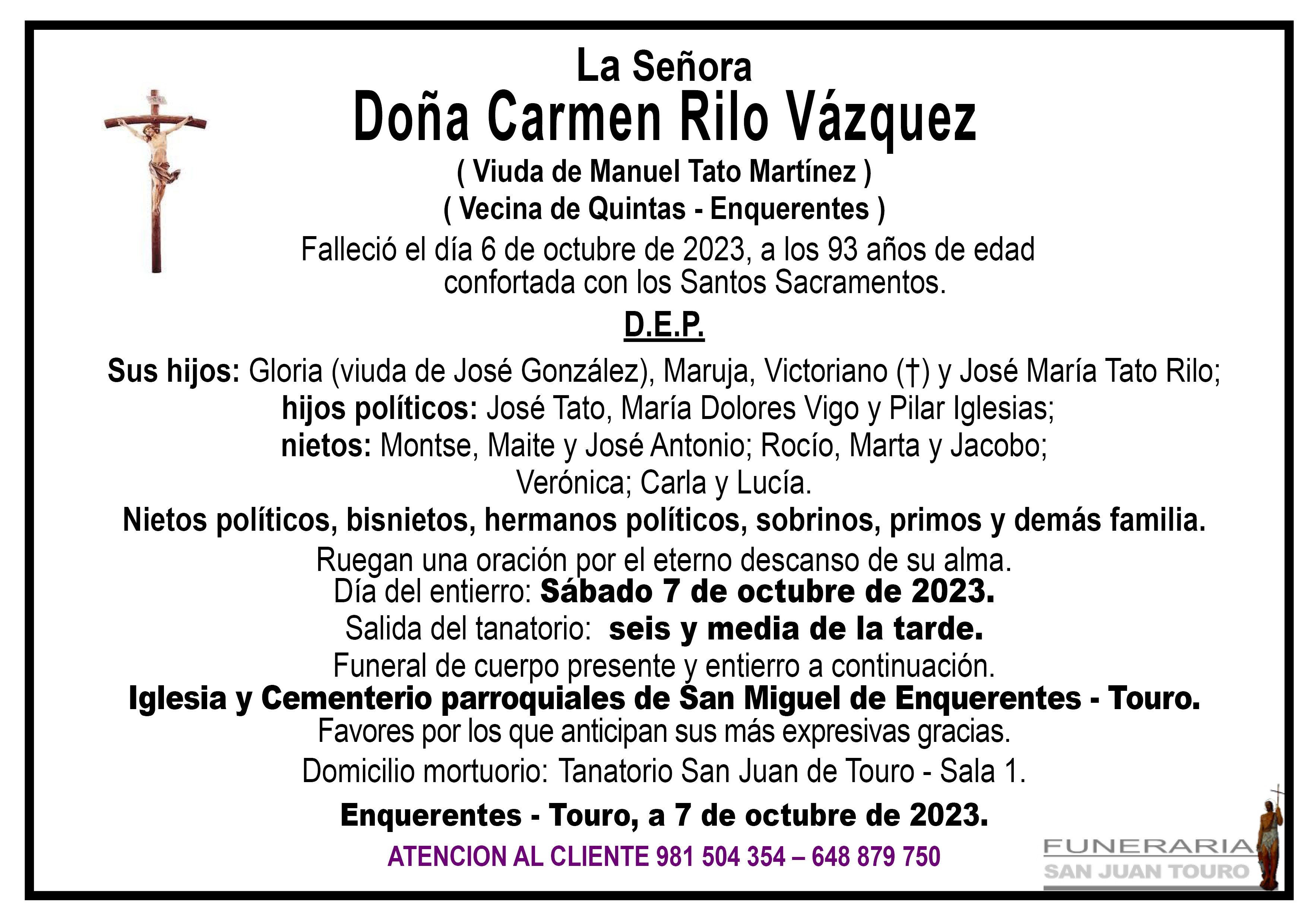 Esquela de SEPELIO DE DOÑA CARMEN RILO VÁZQUEZ