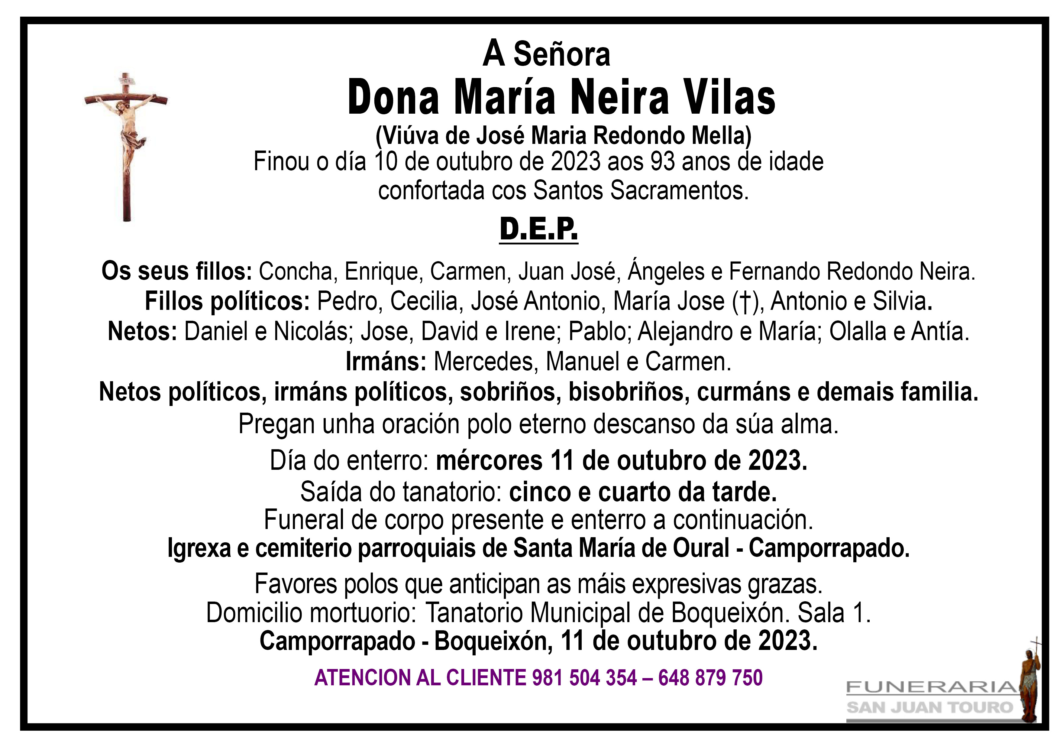 Esquela de SEPELIO DE DONA MARÍA NEIRA VILAS