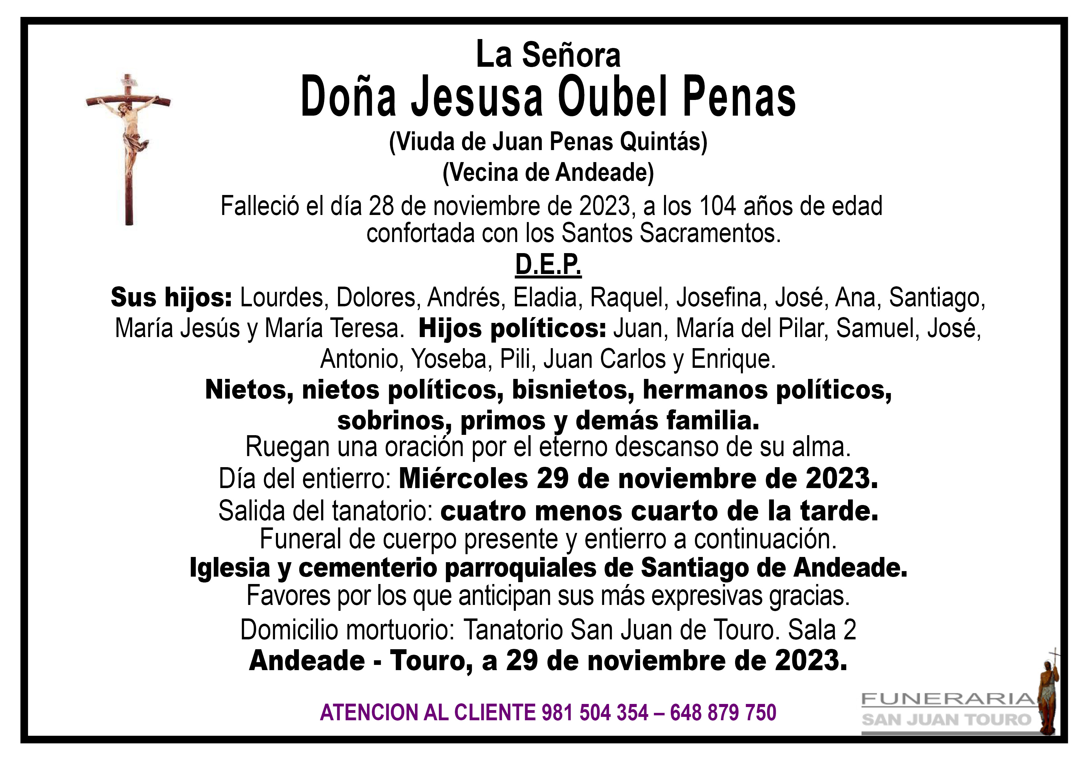 Esquela de SEPELIO DE DOÑA  JESUSA OUBEL PENAS