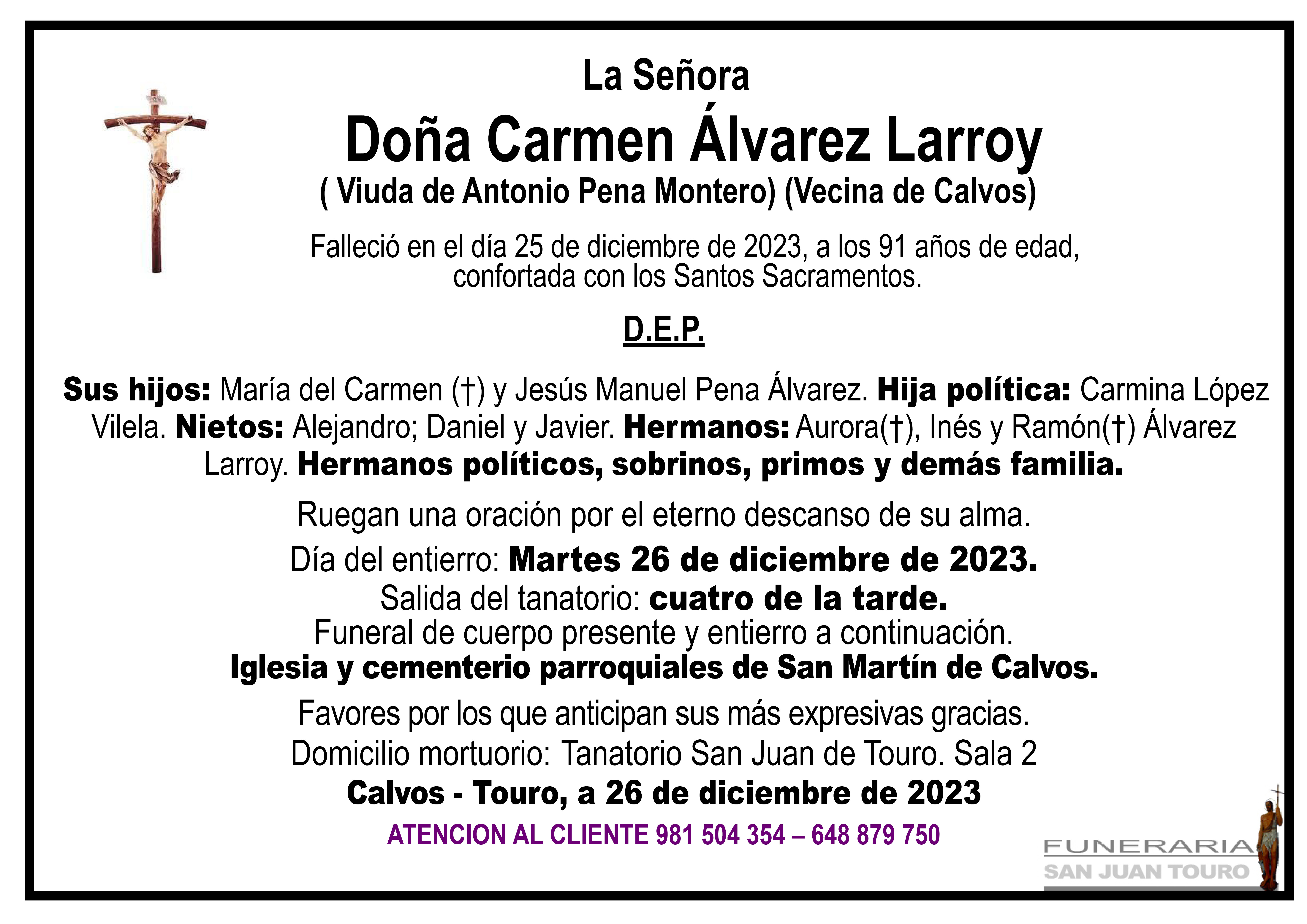 Esquela de SEPELIO DE DOÑA CARMEN ÁLVAREZ LARROY