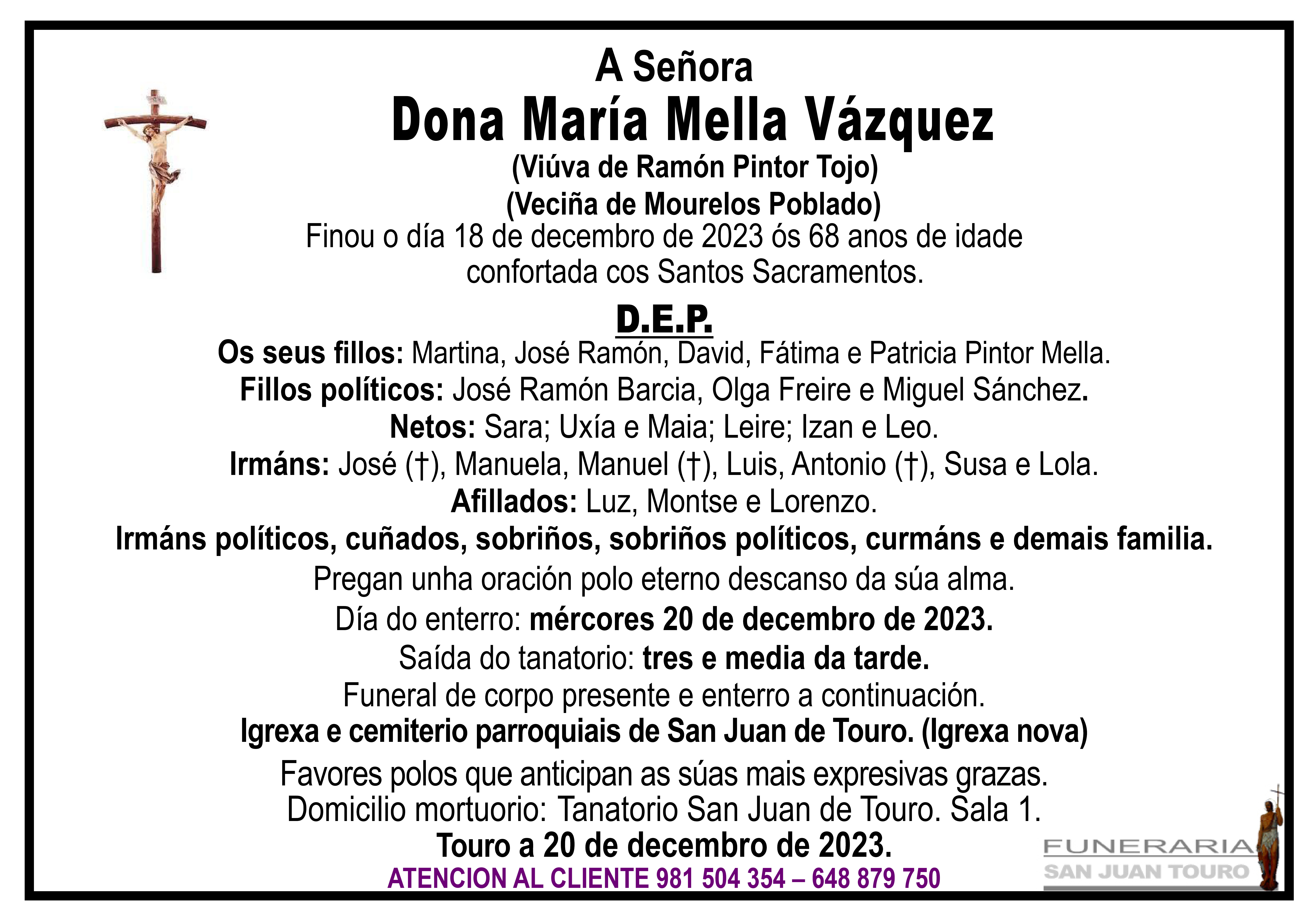 Esquela de SEPELIO DE DOÑA MARÍA MELLA VÁZQUEZ