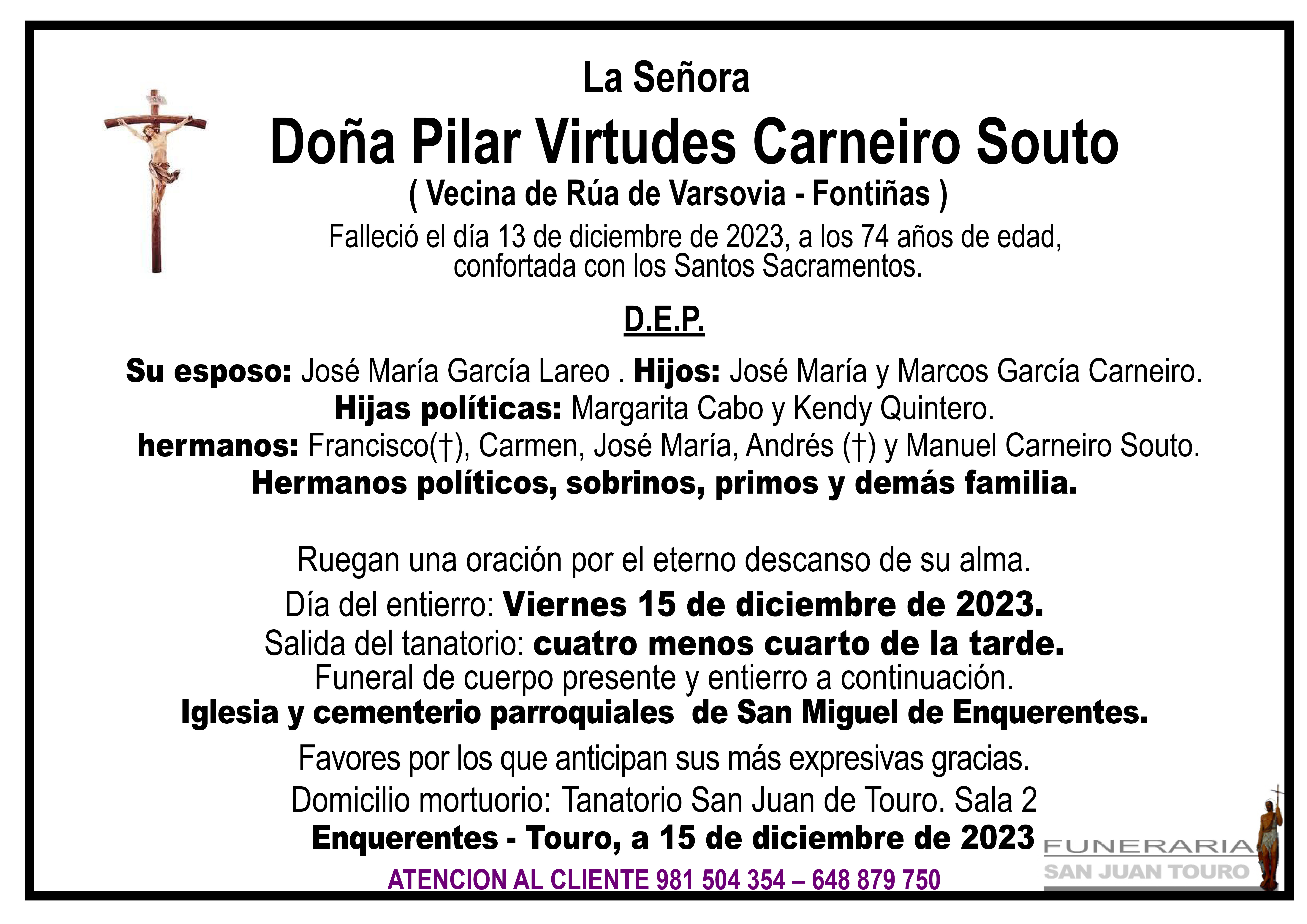 Esquela de SEPELIO DE DOÑA PILAR VIRTUDES CARNEIRO SOUTO
