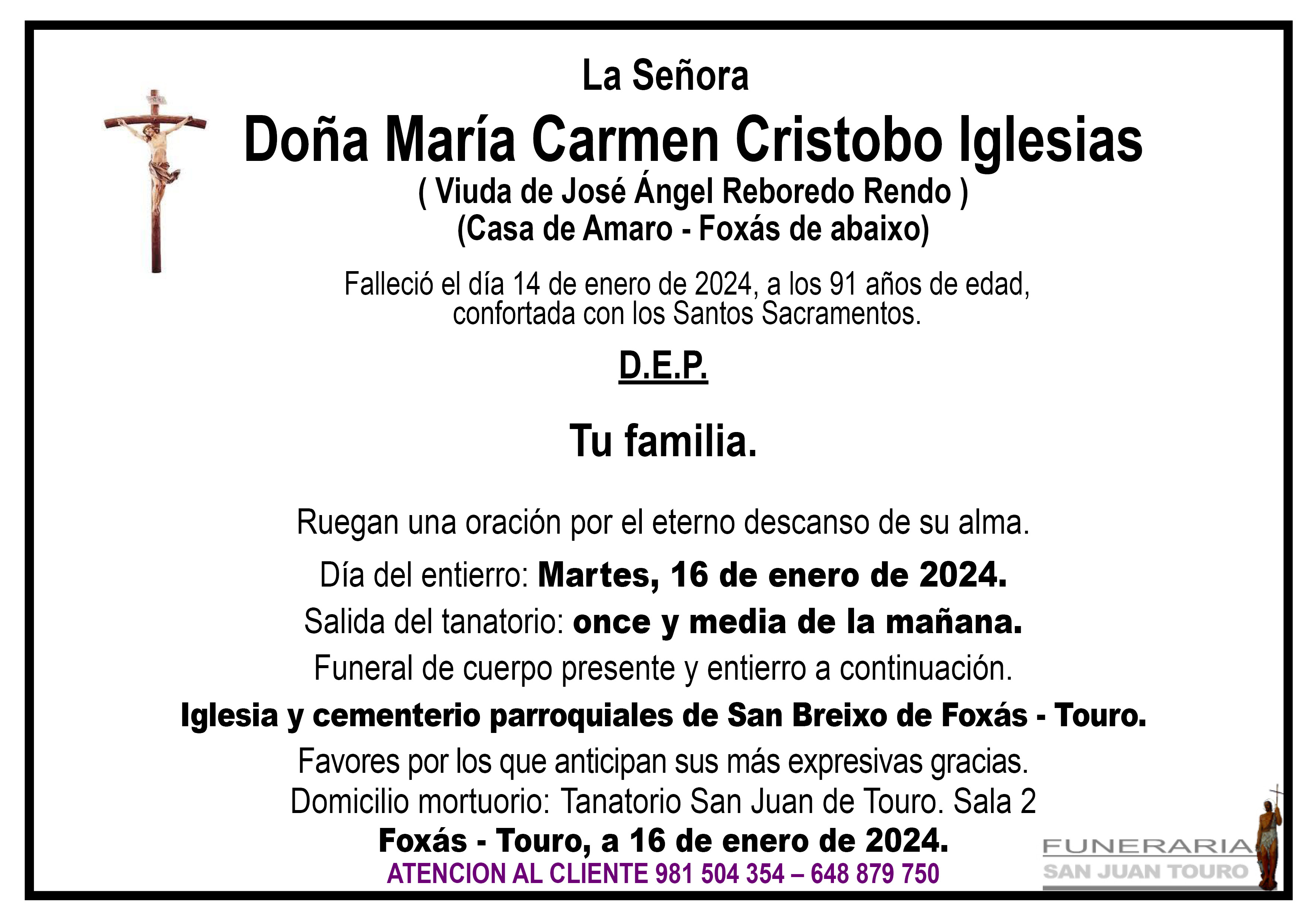 Esquela de SEPELIO DE DOÑA MARÍA CARMEN CRISTOBO IGLESIAS