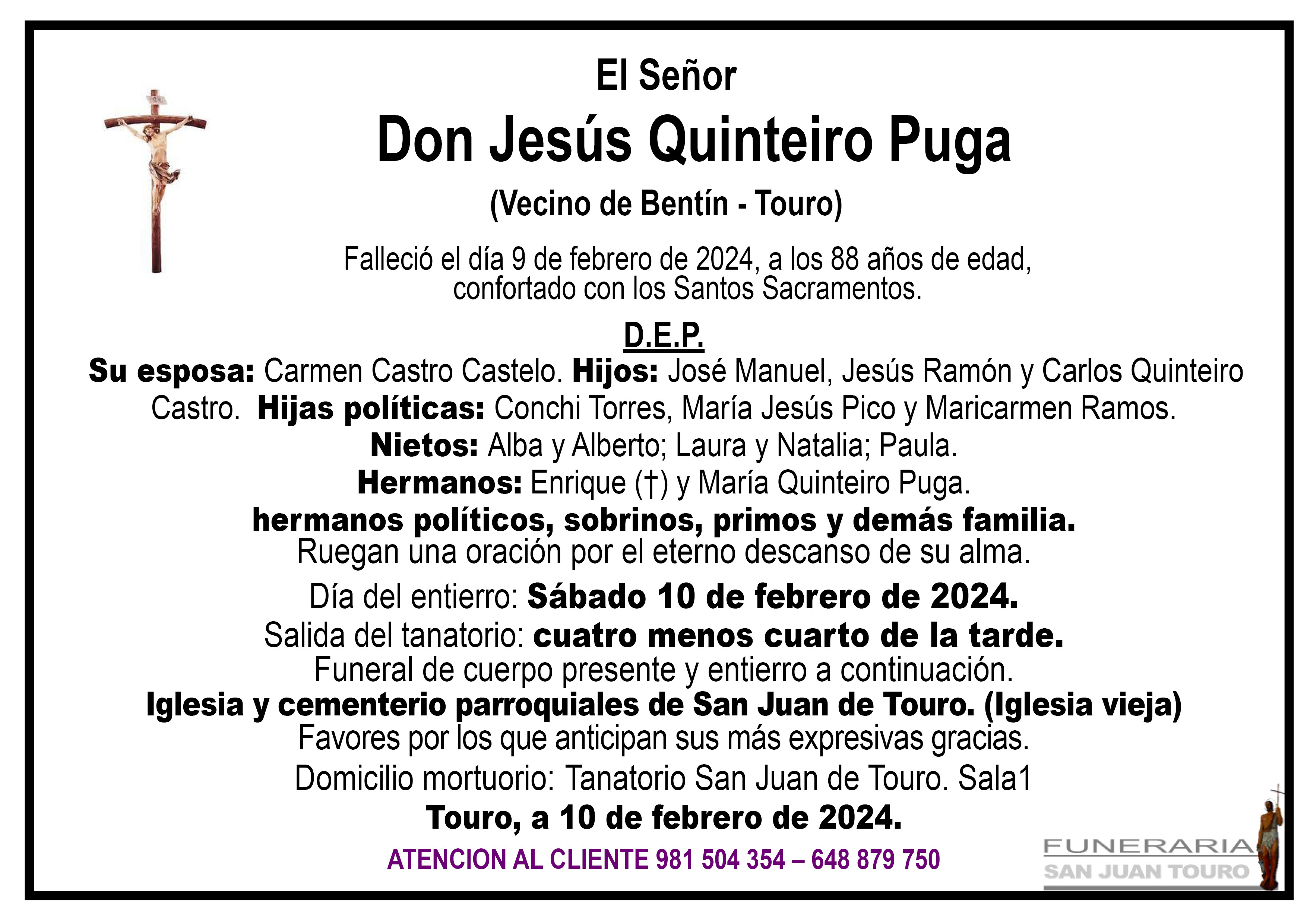 Esquela de SEPELIO DE DON JESÚS QUINTEIRO PUGA