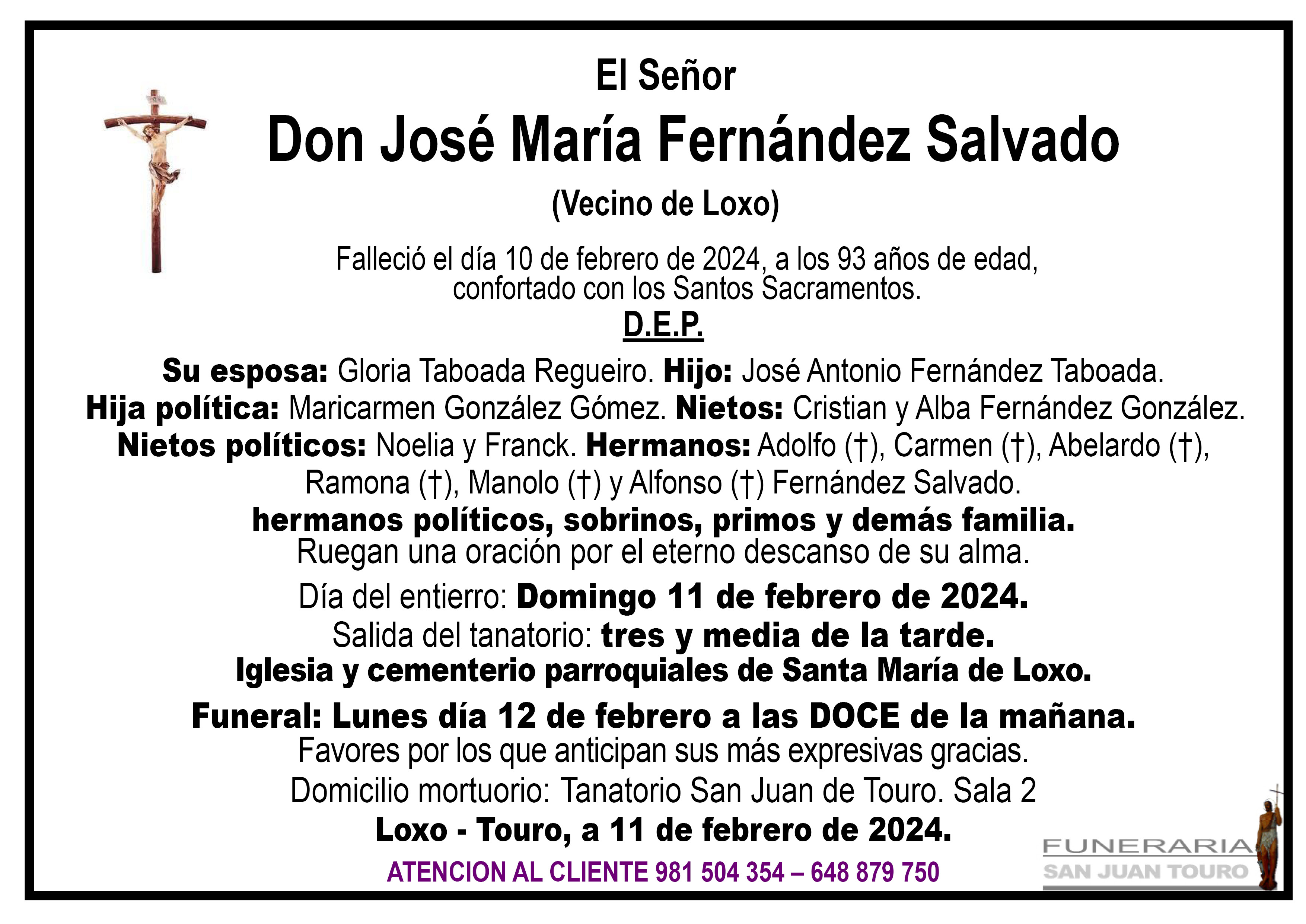 Esquela de SEPELIO DE DON JOSÉ MARÍA FERNÁNDEZ SALVADO