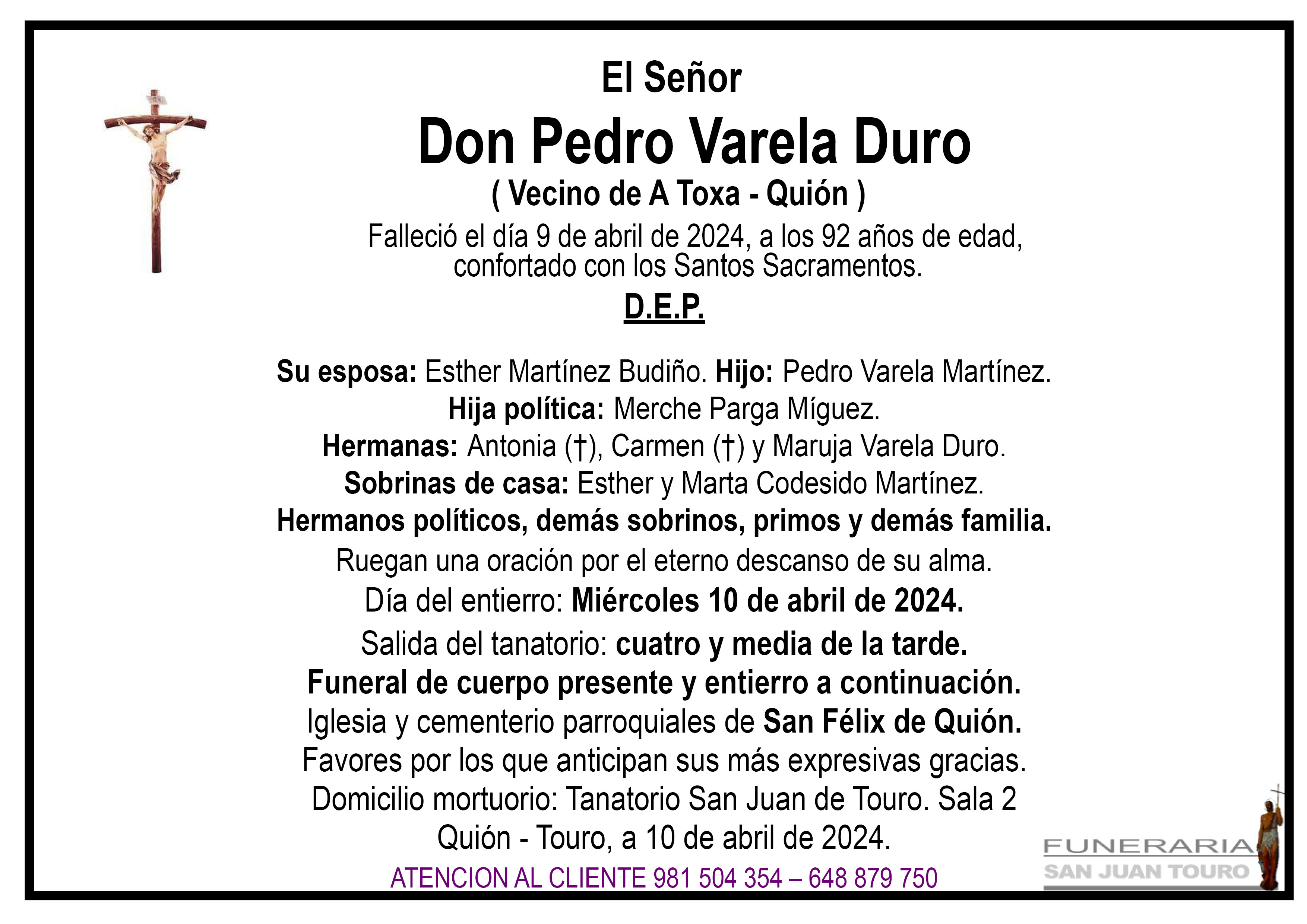 Esquela de SEPELIO DE DON PEDRO VARELA DURO