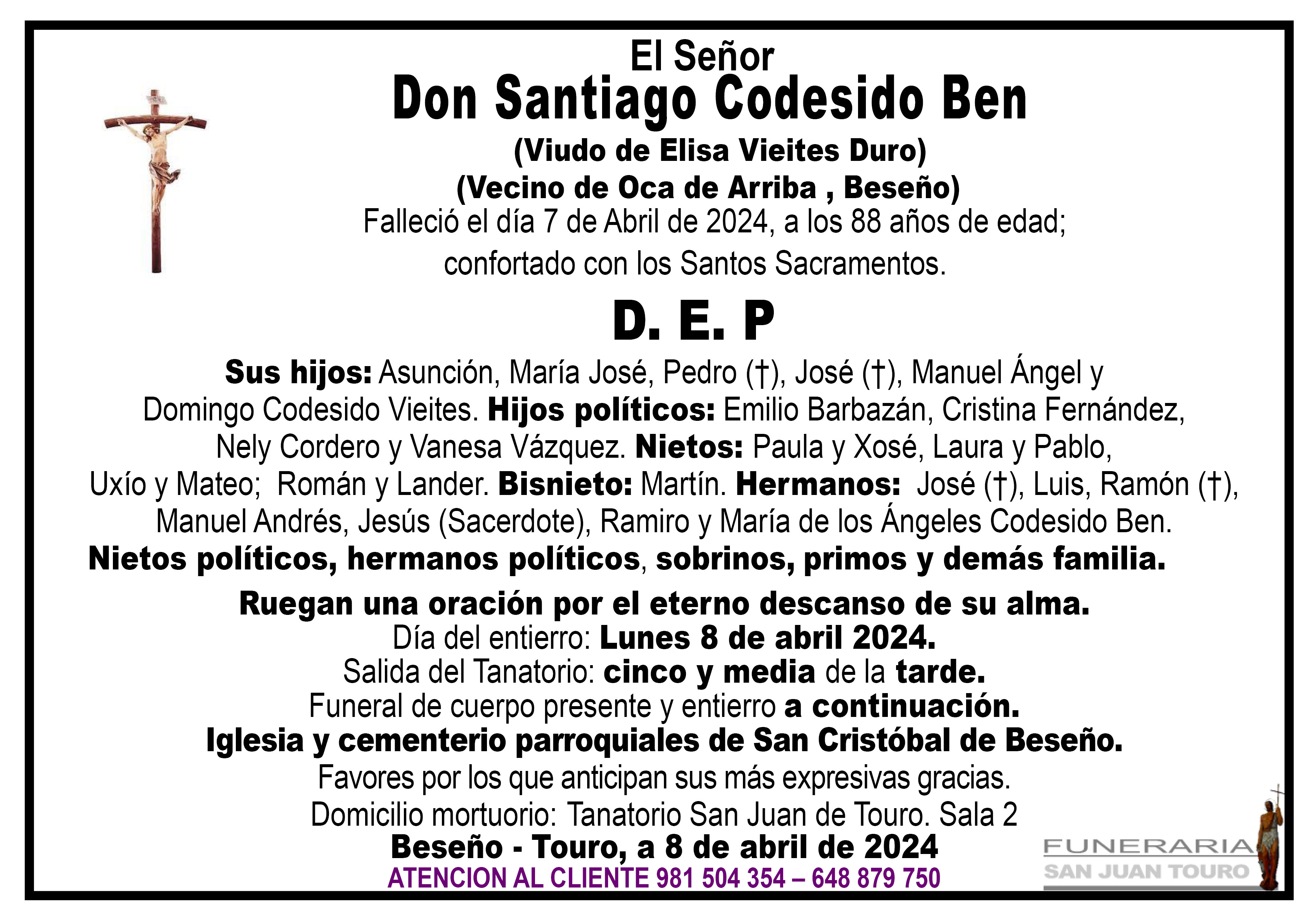 Esquela de SEPELIO DE DON SANTIAGO CODESIDO BEN