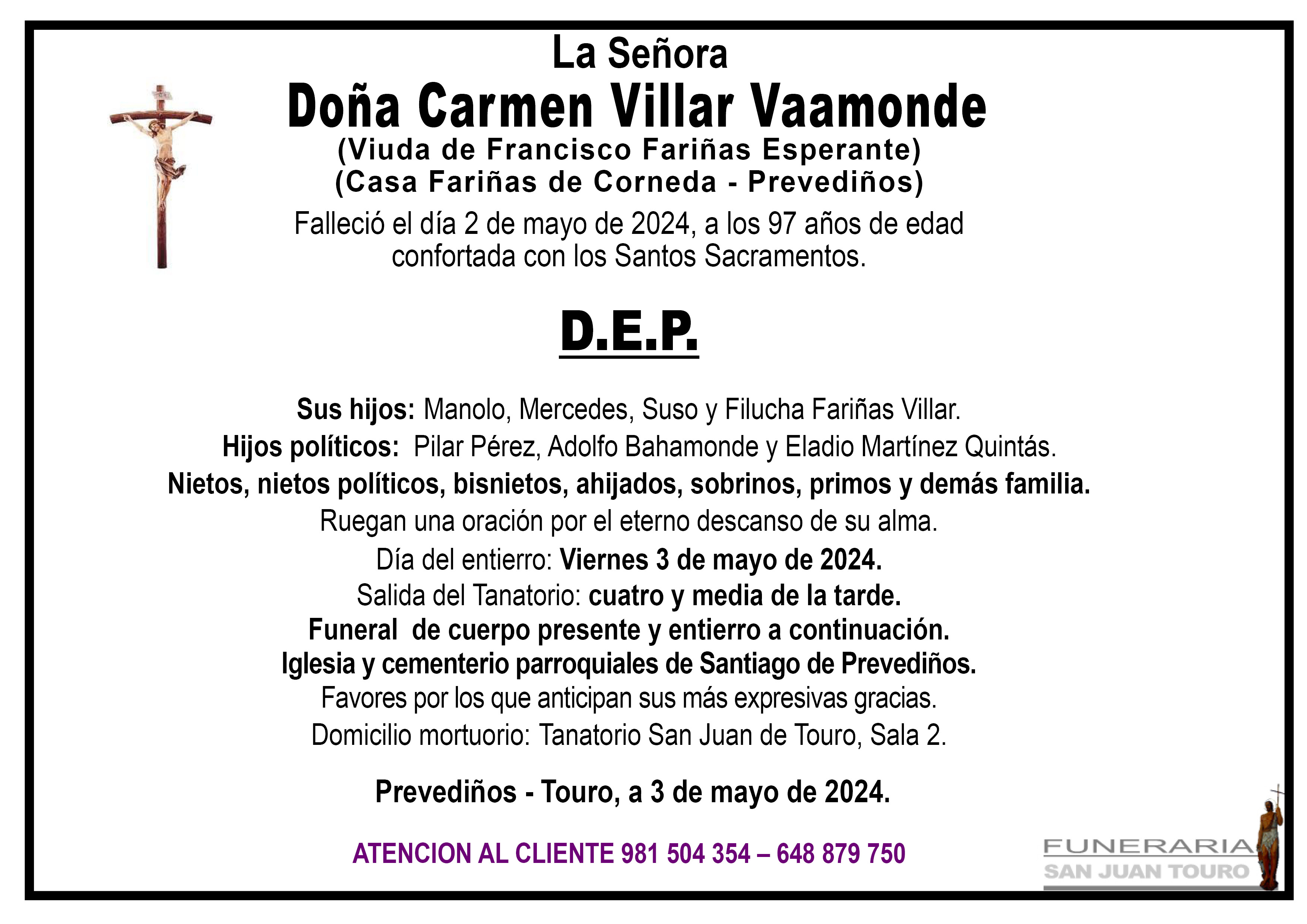 Esquela de SEPELIO DE DOÑA CARMEN VILLAR VAAMONDE