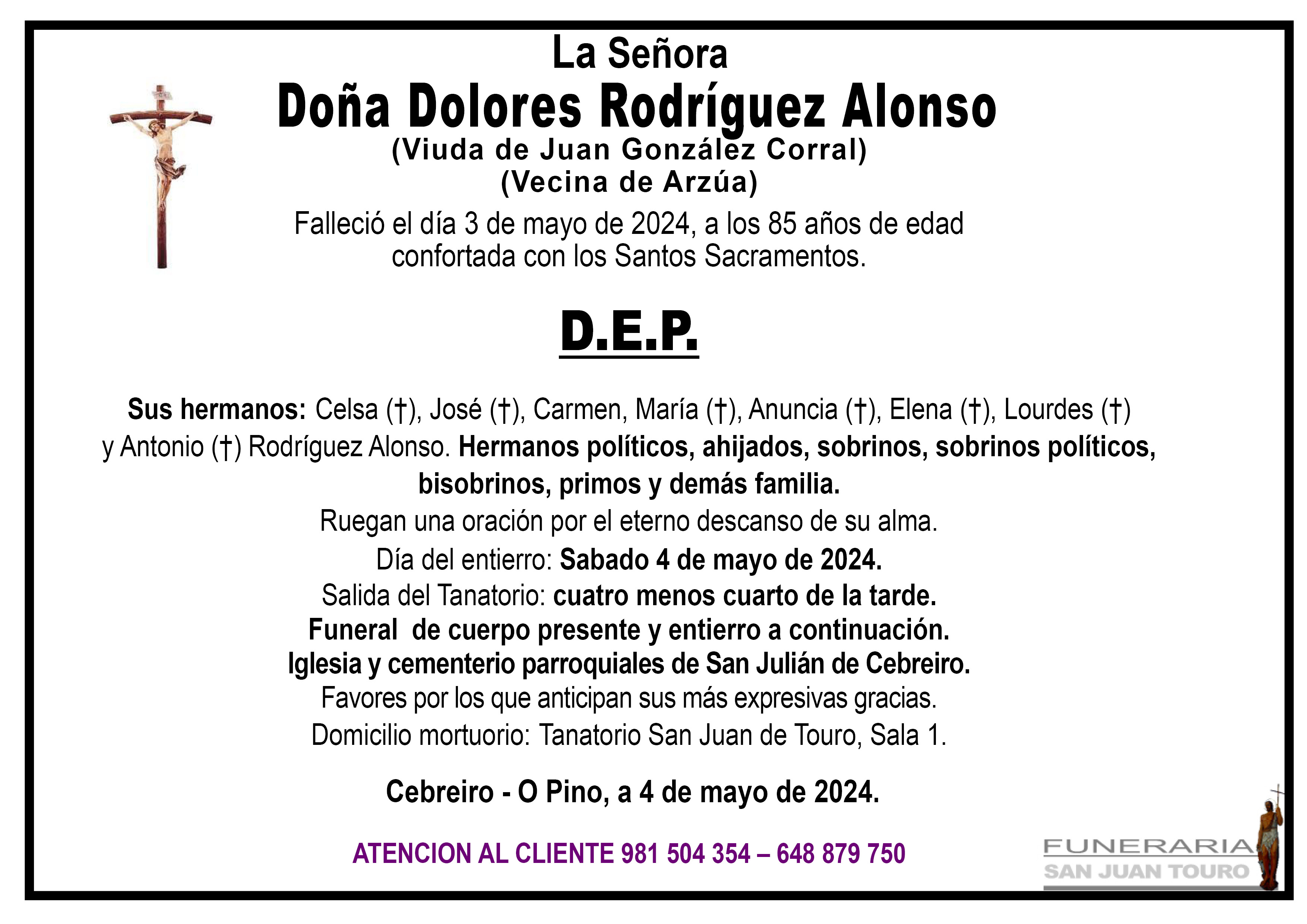 Esquela de SEPELIO DE DOÑA DOLORES RODRÍGUEZ ALONSO