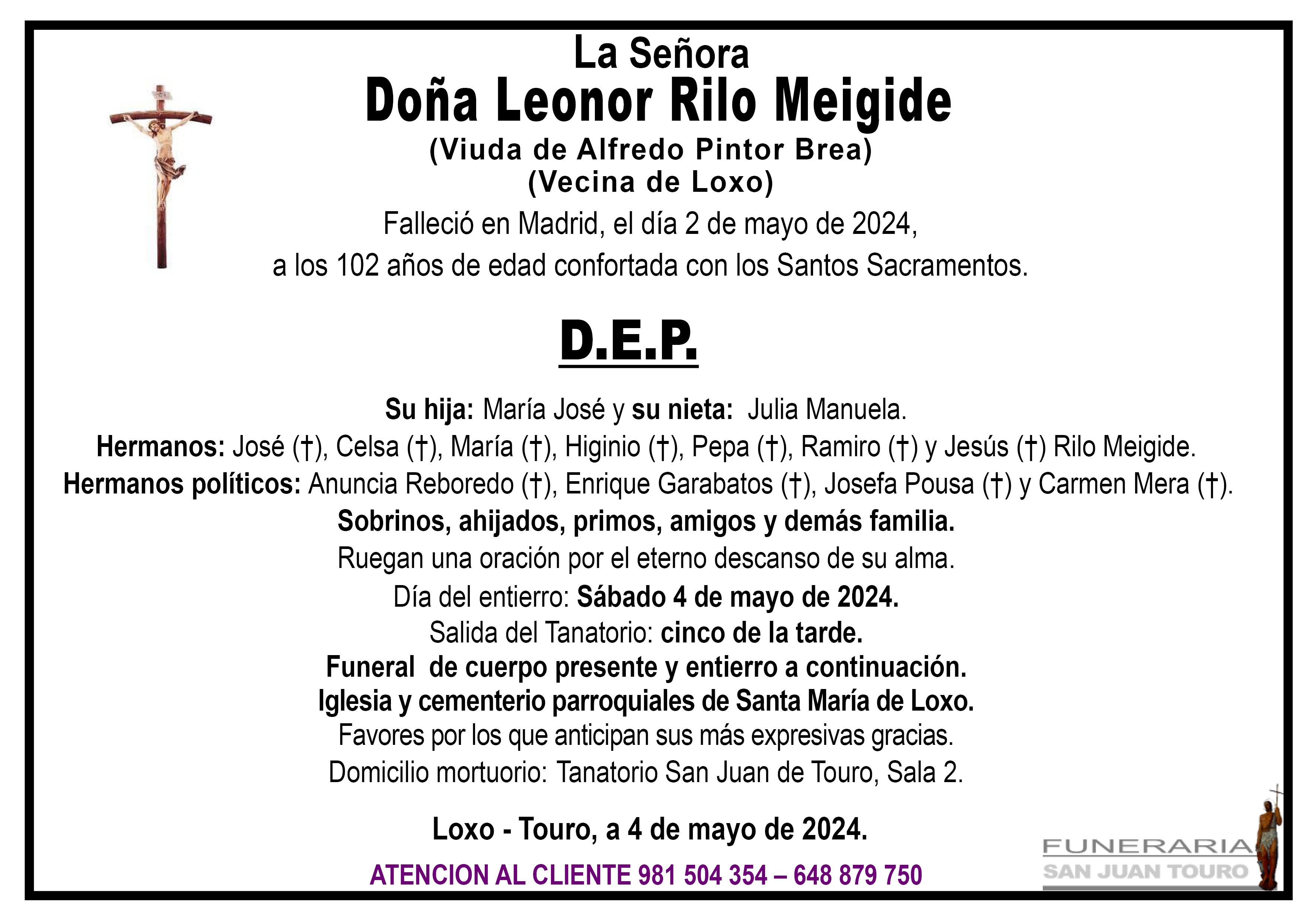 Esquela de SEPELIO DE DOÑA LEONOR RILO MEIGIDE