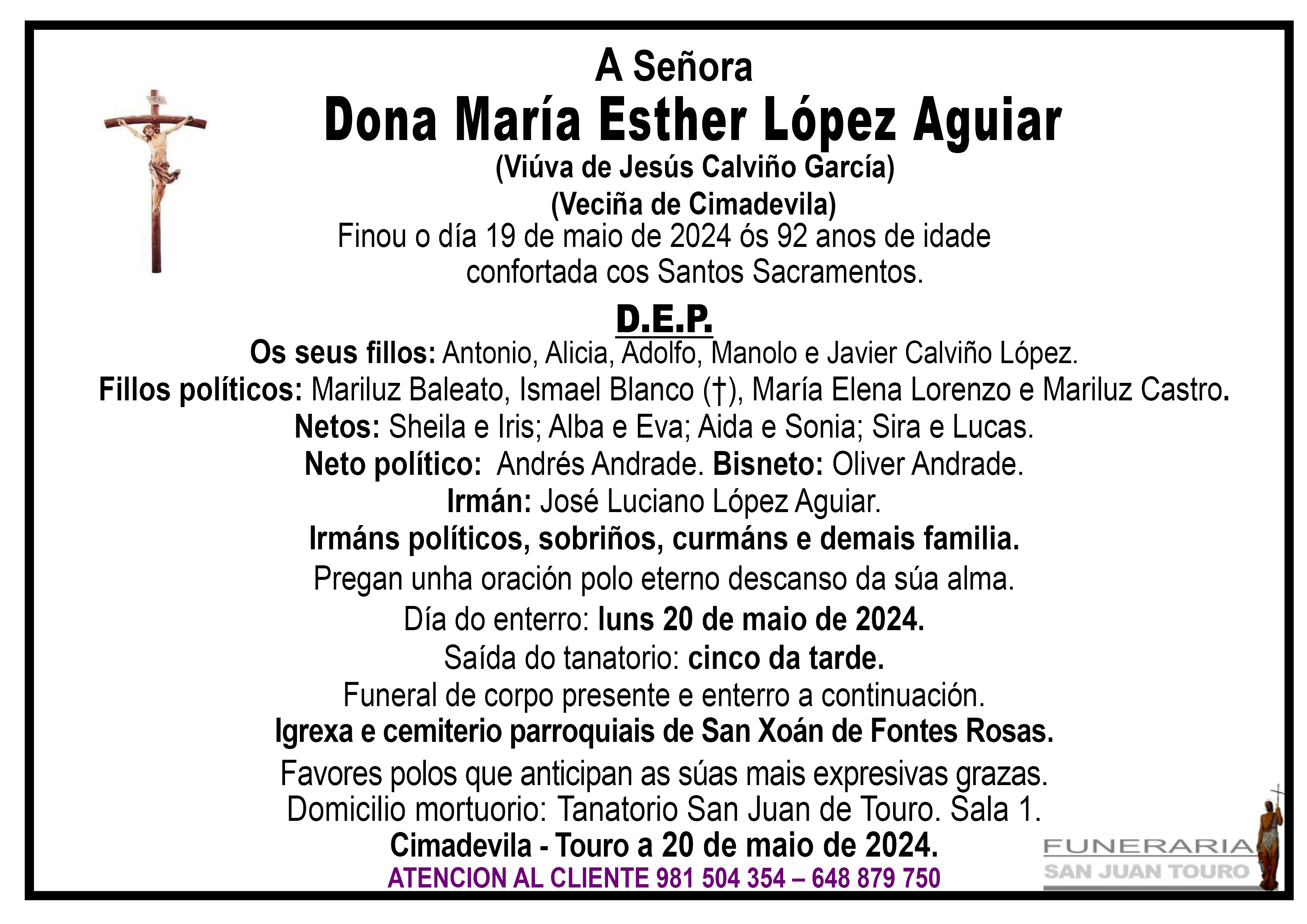 Esquela de SEPELIO DE DOÑA MARÍA ESTHER LÓPEZ AGUIAR