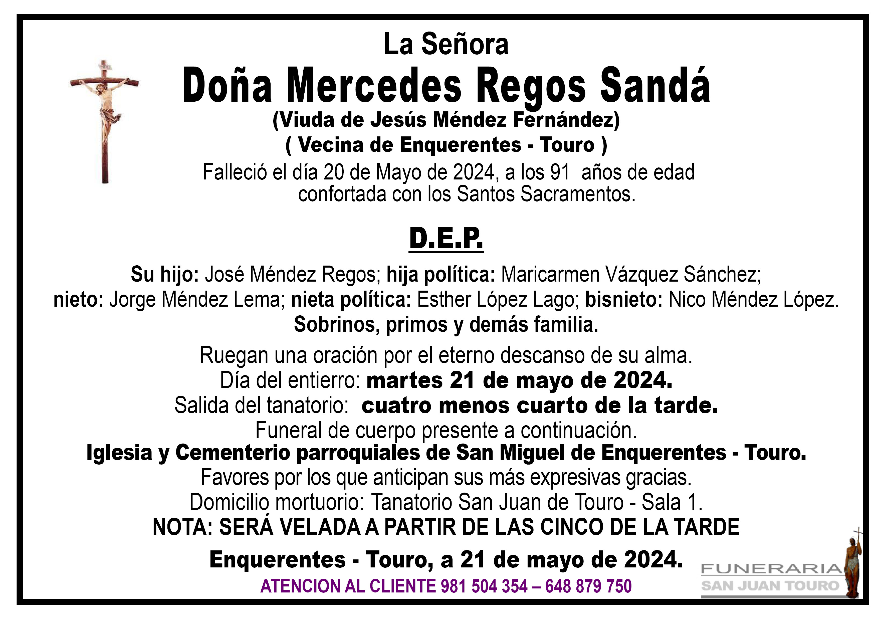 Esquela de SEPELIO DE DOÑA MERCEDES REGOS SANDÁ