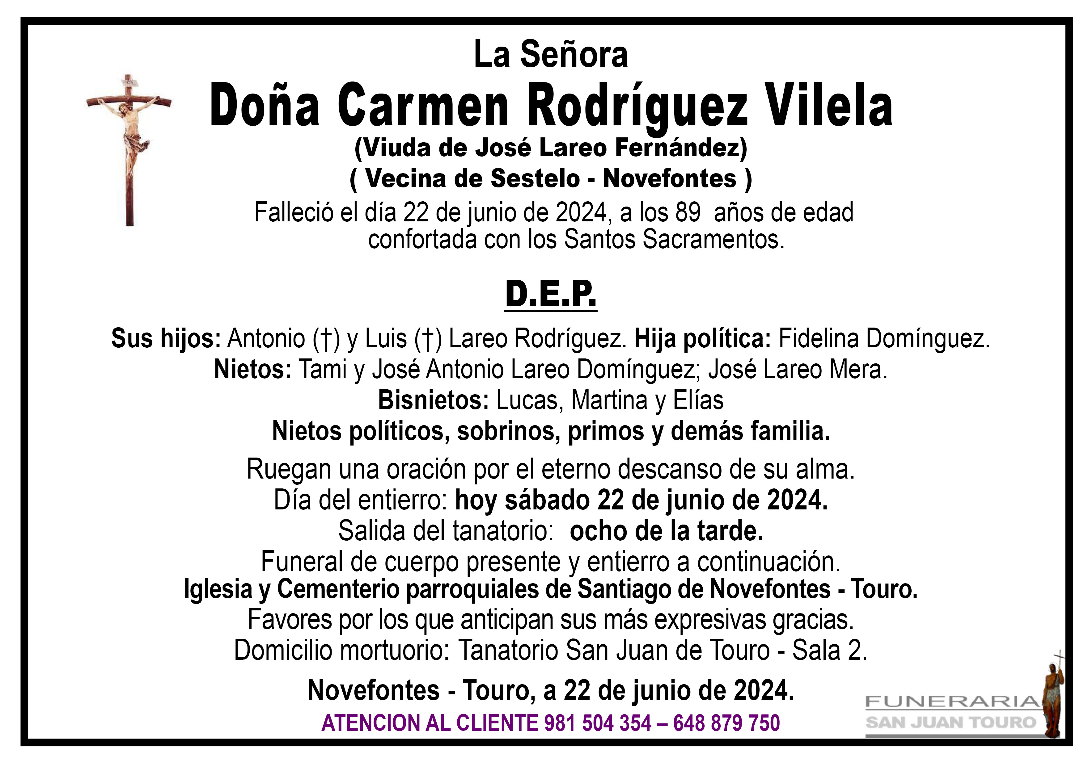 Esquela de SEPELIO DE DOÑA CARMEN RODRÍGUEZ VILELA