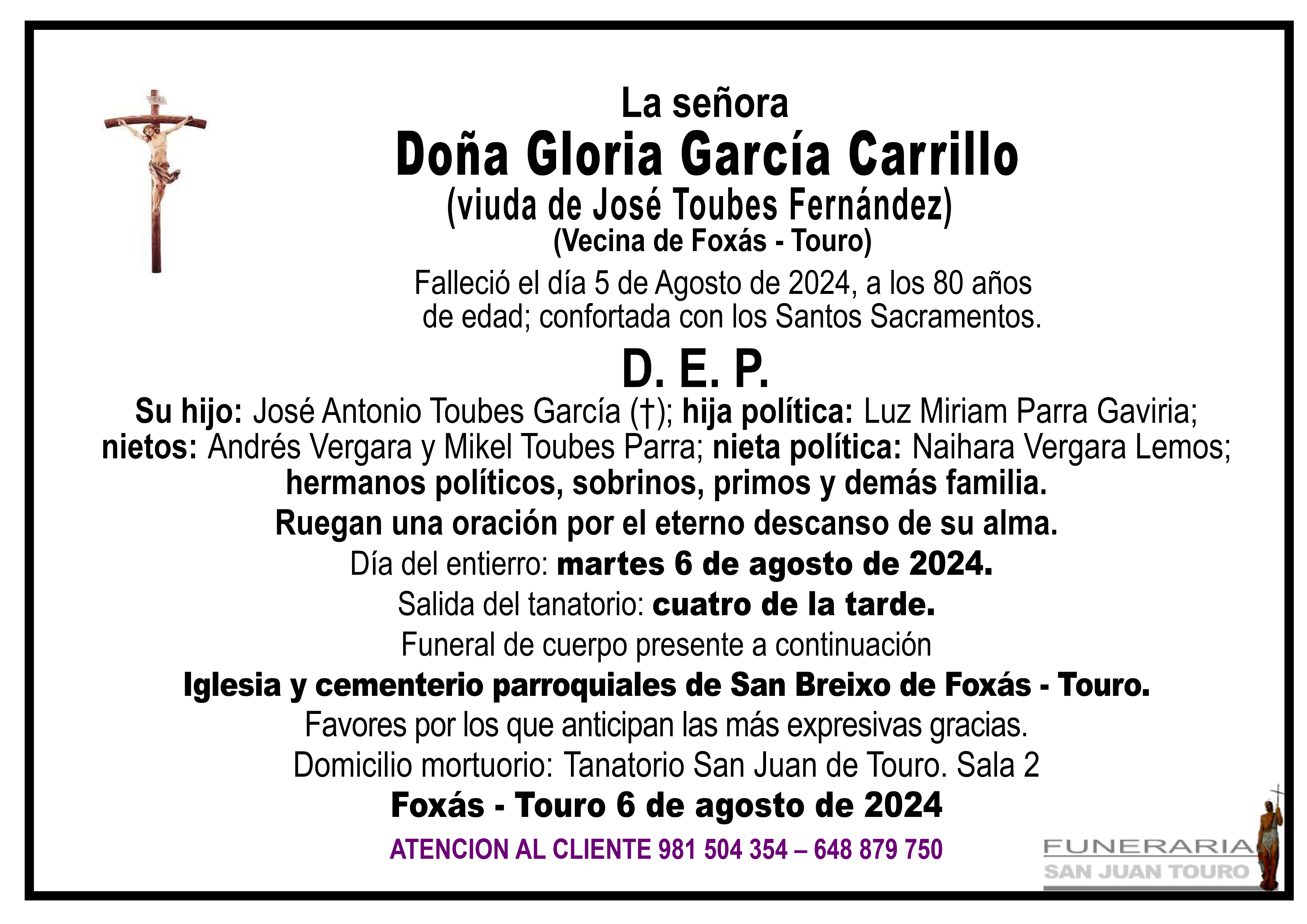 Esquela de SEPELIO DE DOÑA GLORIA GARCÍA CARRILLO
