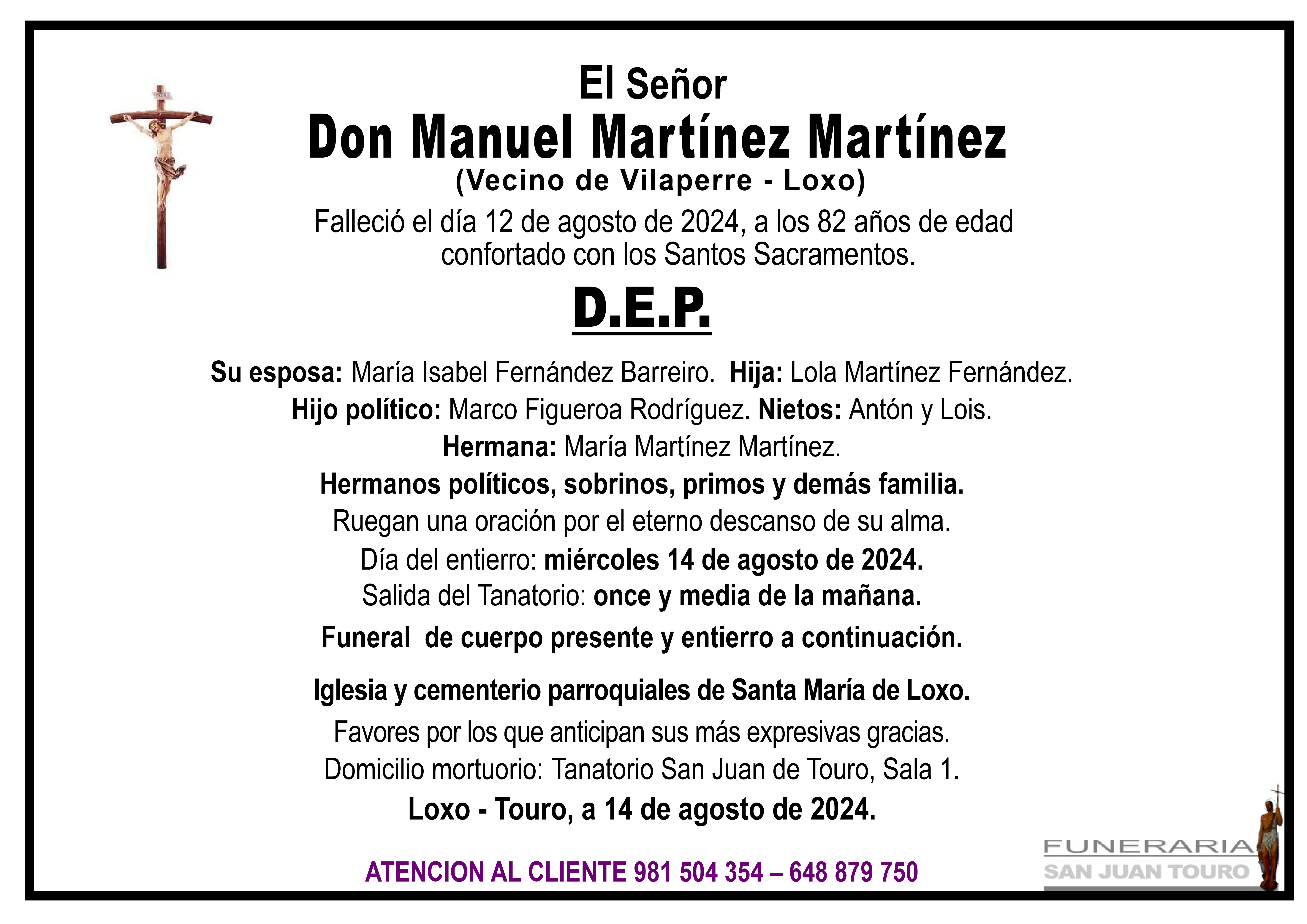 Esquela de SEPELIO DE DON MANUEL MARTÍNEZ MARTÍNEZ