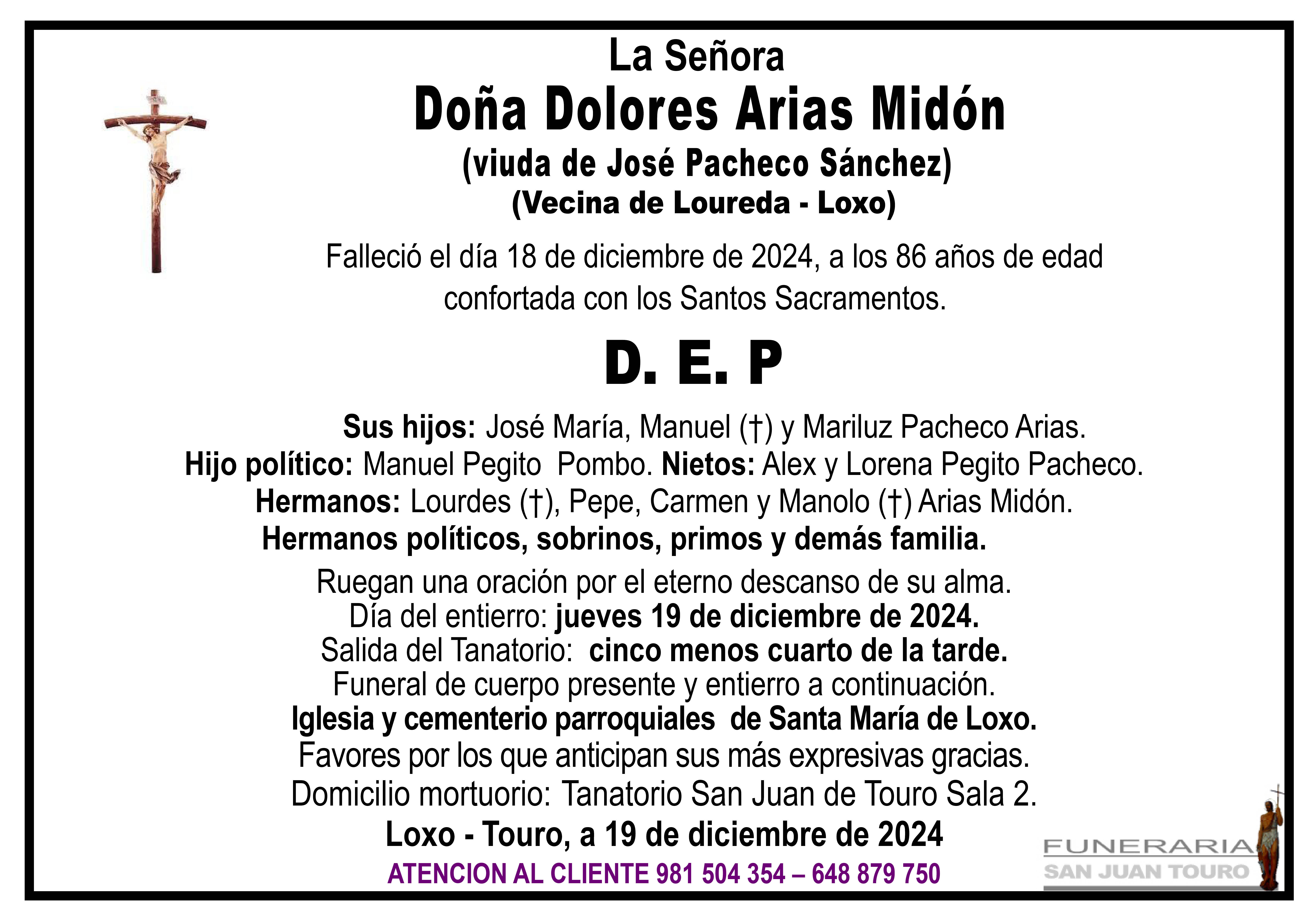 Esquela de SEPELIO DE DOÑA DOLORES ARIAS MIDÓN