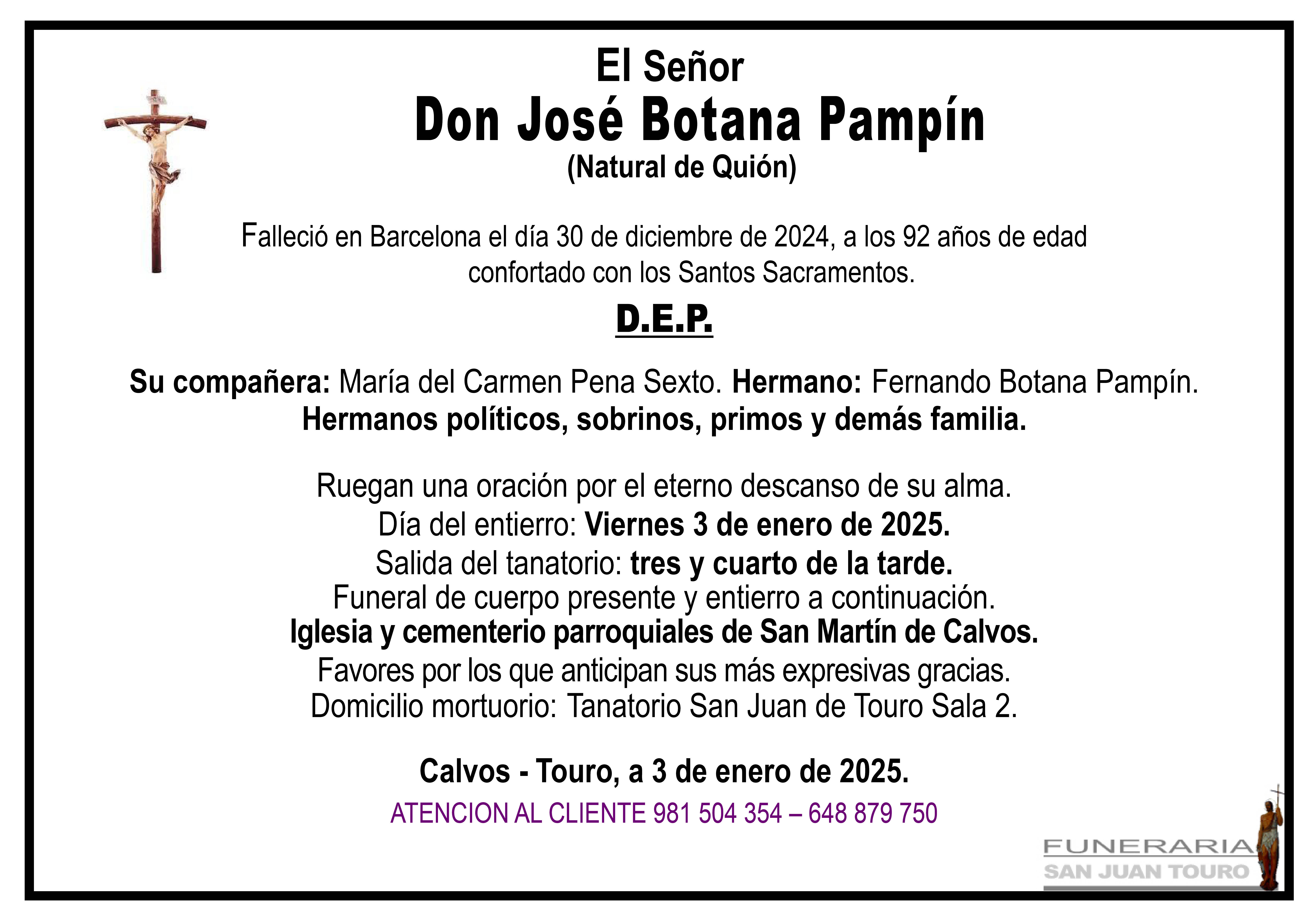 Esquela de SEPELIO DE DON JOSÉ BOTANA PAMPÍN