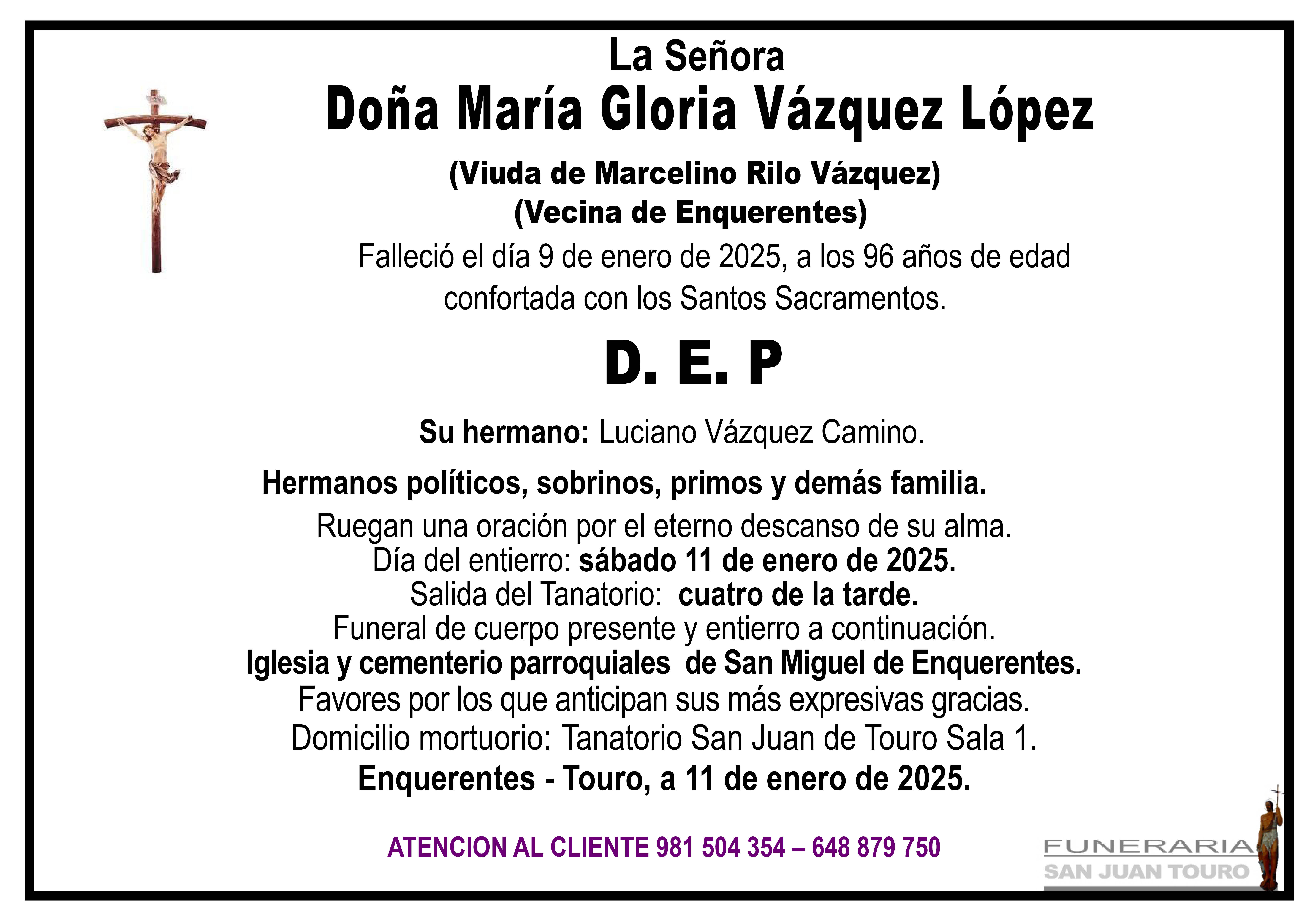 Esquela de SEPELIO DE DOÑA MARÍA GLORIA VÁZQUEZ LÓPEZ