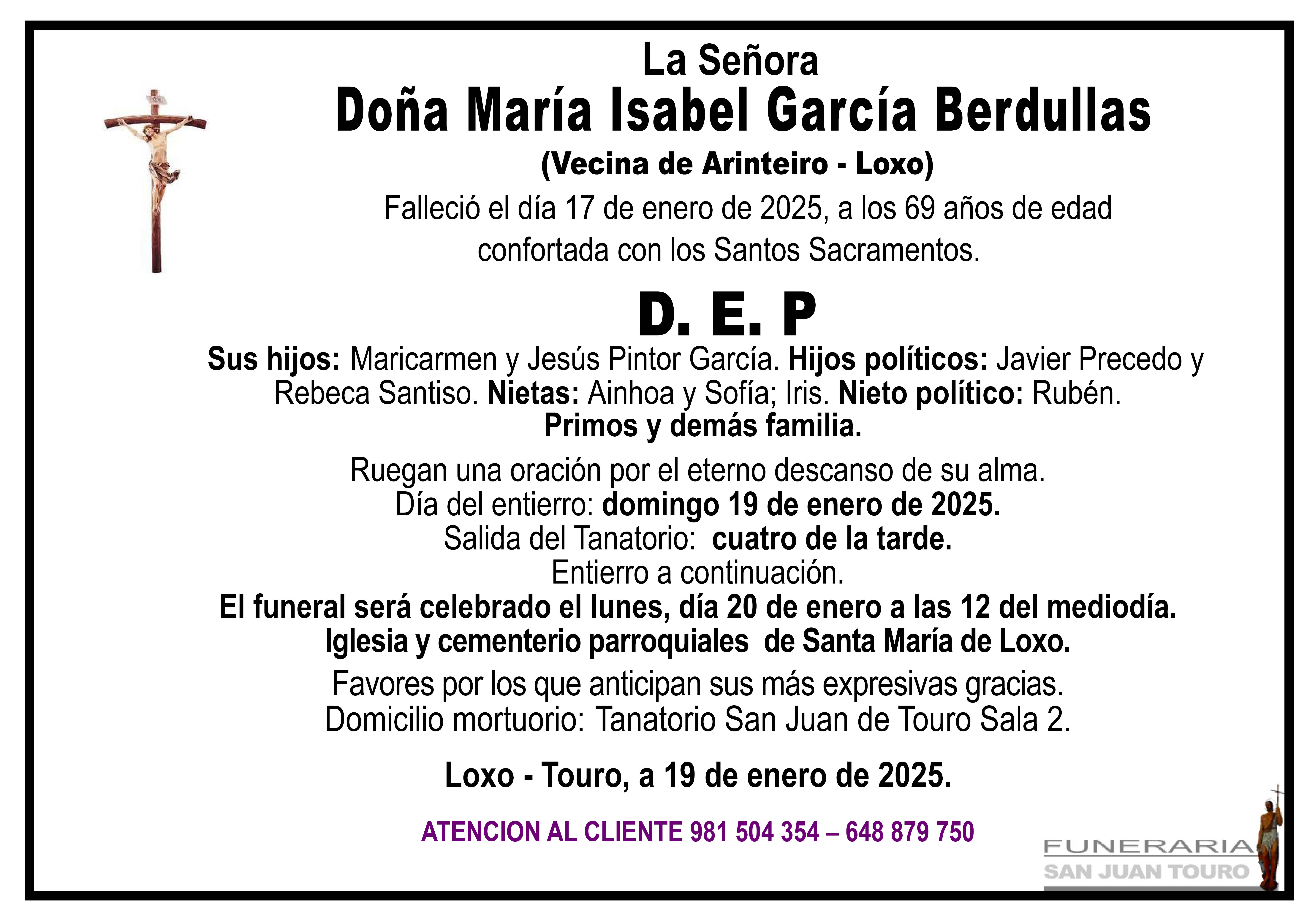 Esquela de SEPELIO DE DOÑA MARÍA ISABEL GARCÍA BERDULLAS