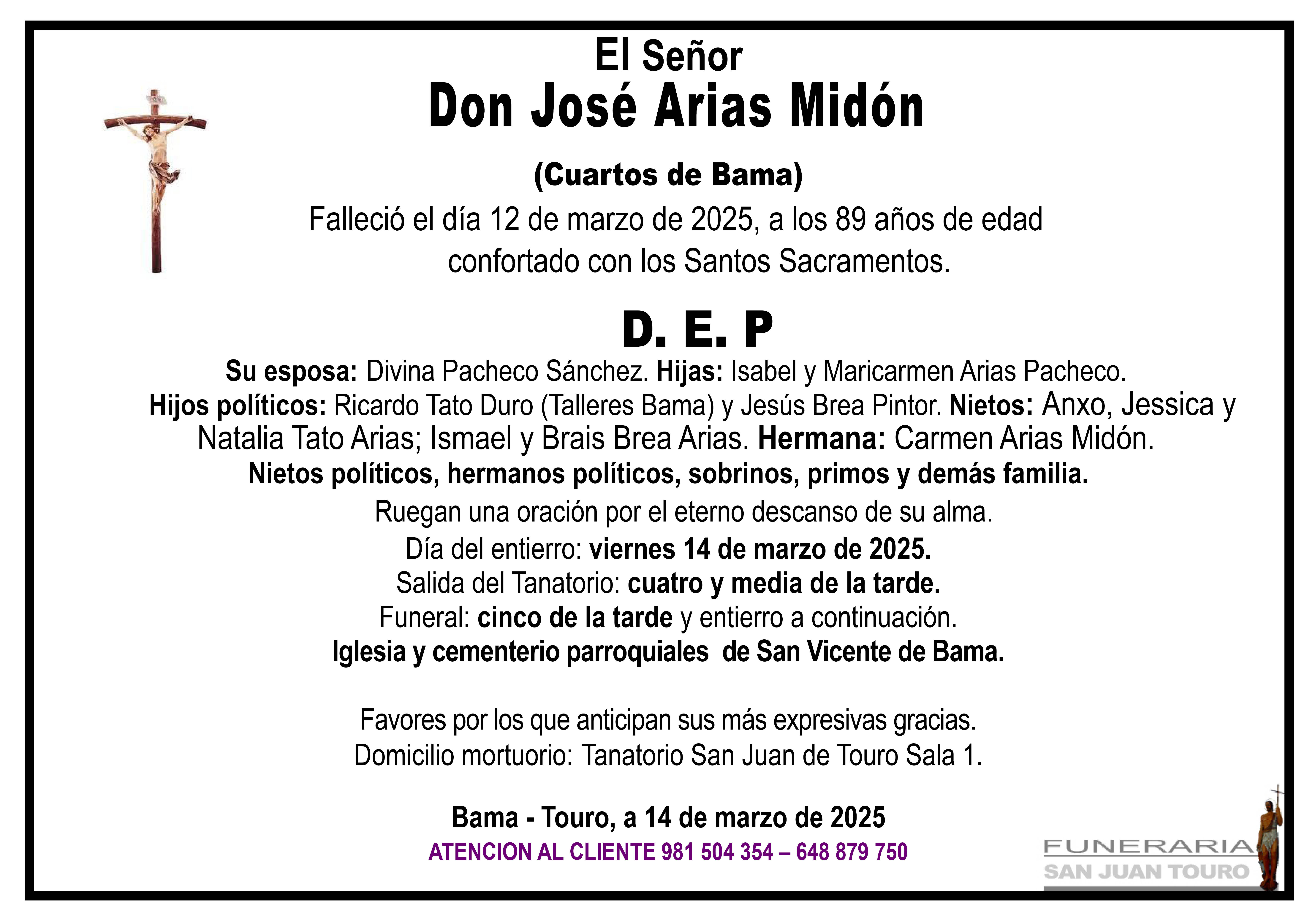 Esquela de SEPELIO DE DON JOSÉ ARIAS MIDÓN